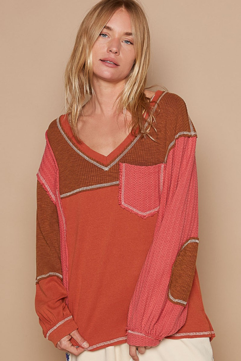 POL V-Neck Knit Panel Exposed Seam Top 8190 | Gulf Resellers