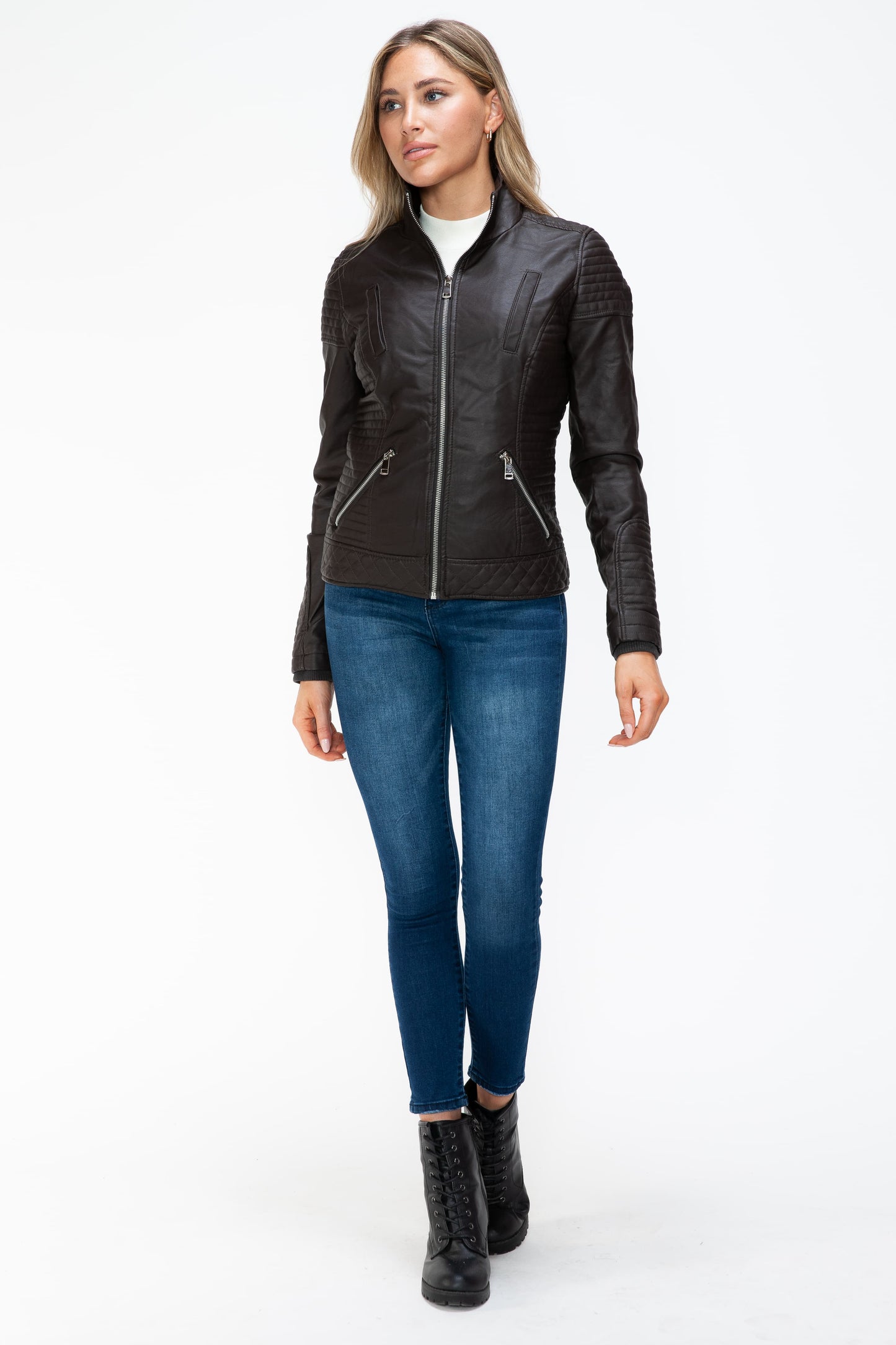 YMI Faux Layered Double-Zipper Jacket with Fuzzy Hood 15968 | Gulf Resellers