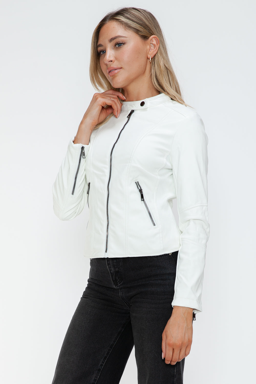 Snobbish Faux Leather Zip Up Drawstring Hooded Jacket 15890 | Gulf Resellers