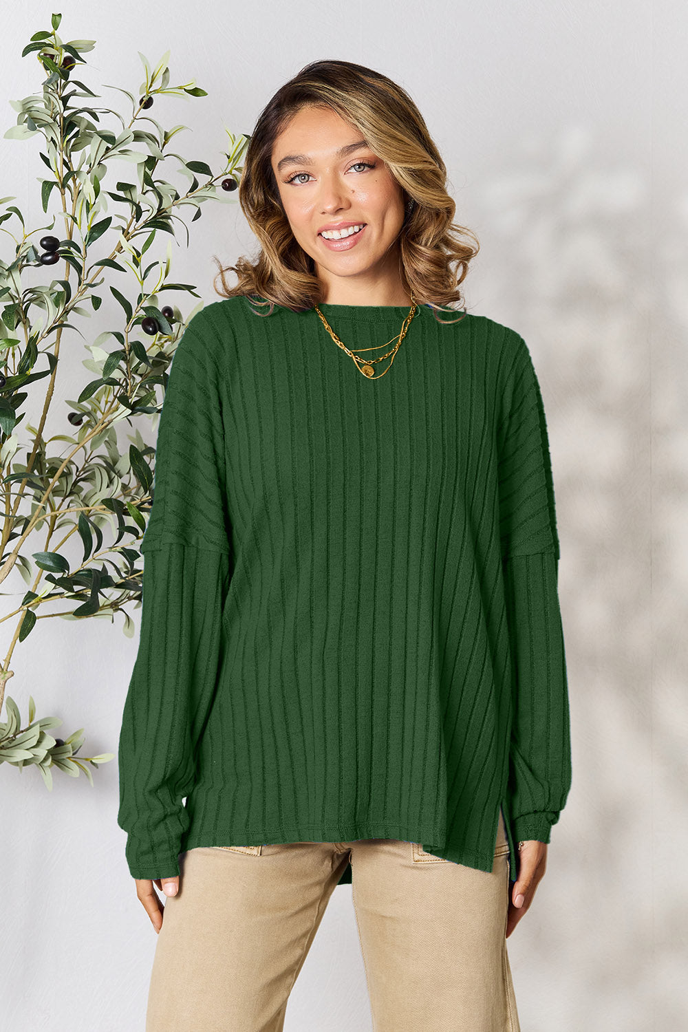 Basic Bae Full Size Ribbed Round Neck Slit Knit Top | Gulf Resellers