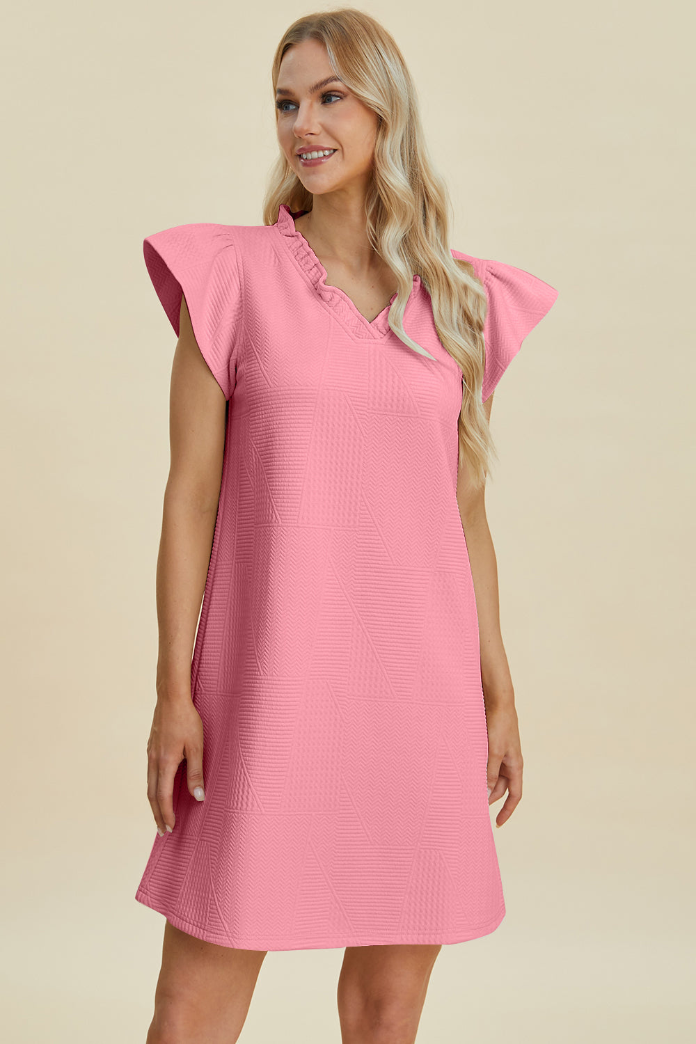 Double Take Full Size Ruffled V-Neck Cap Sleeve Dress 15096 | Gulf Resellers
