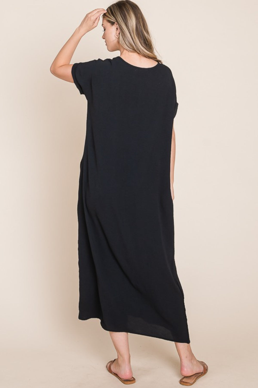 BOMBOM Round Neck Short Sleeve Midi Dress with Pockets 5111 | Gulf Resellers