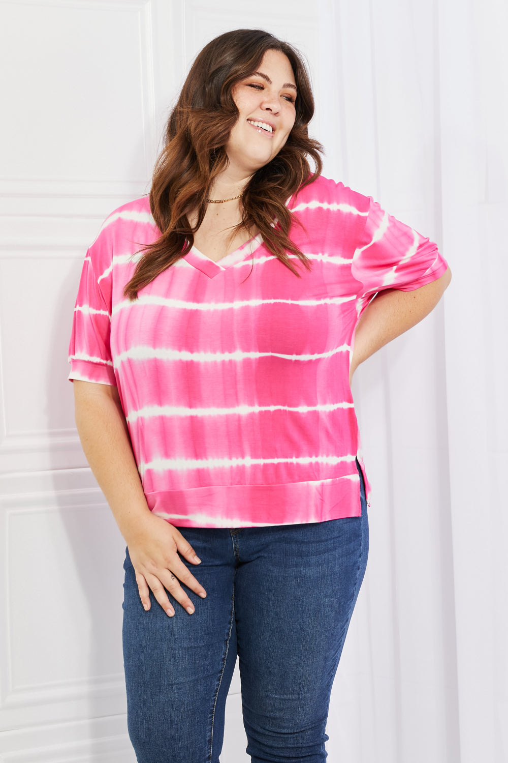 Yelete Full Size Oversized Fit V-Neck Striped Top | Gulf Resellers