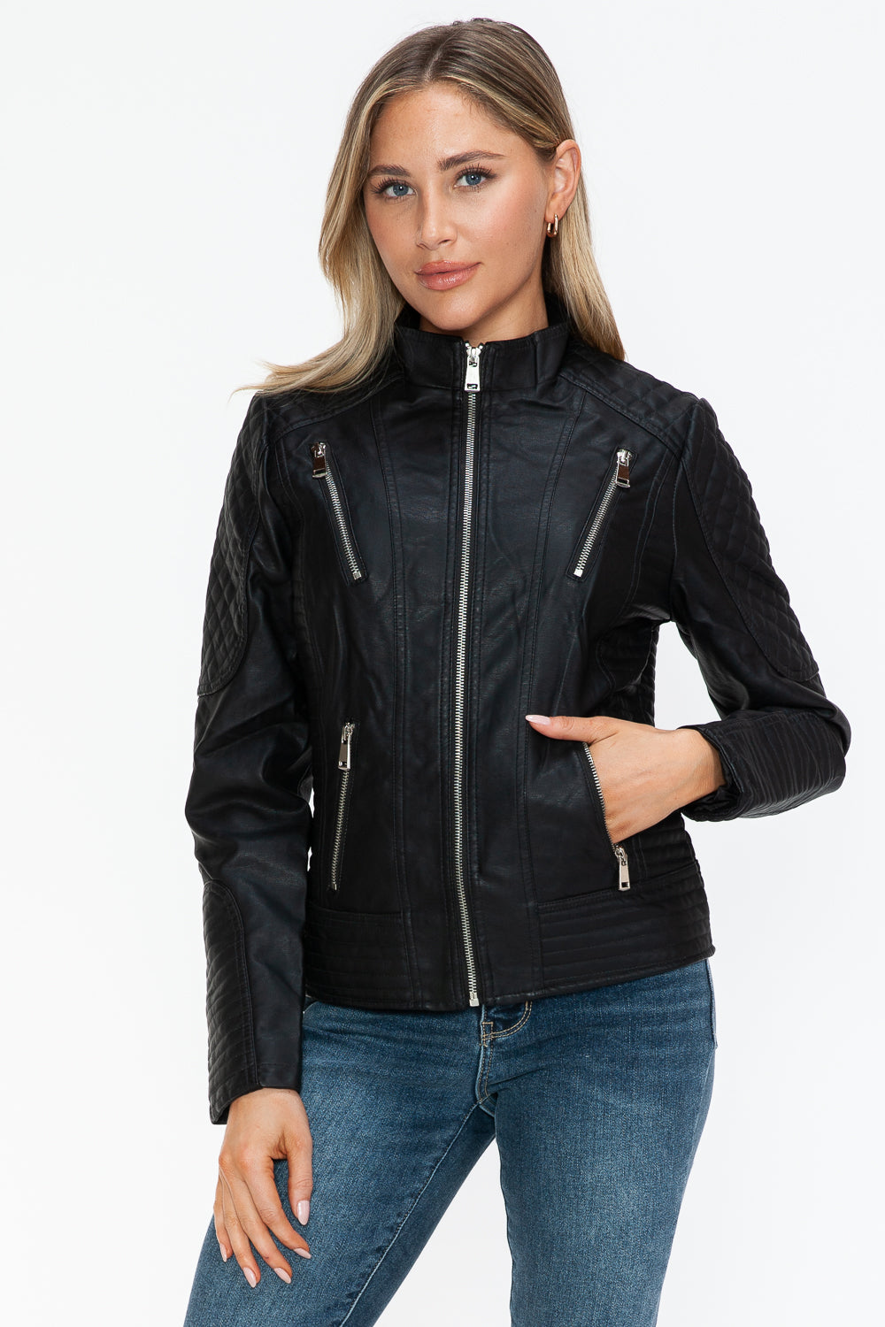 Snobbish Faux Leather Zip Up Mock Neck Jacket 16084 | Gulf Resellers