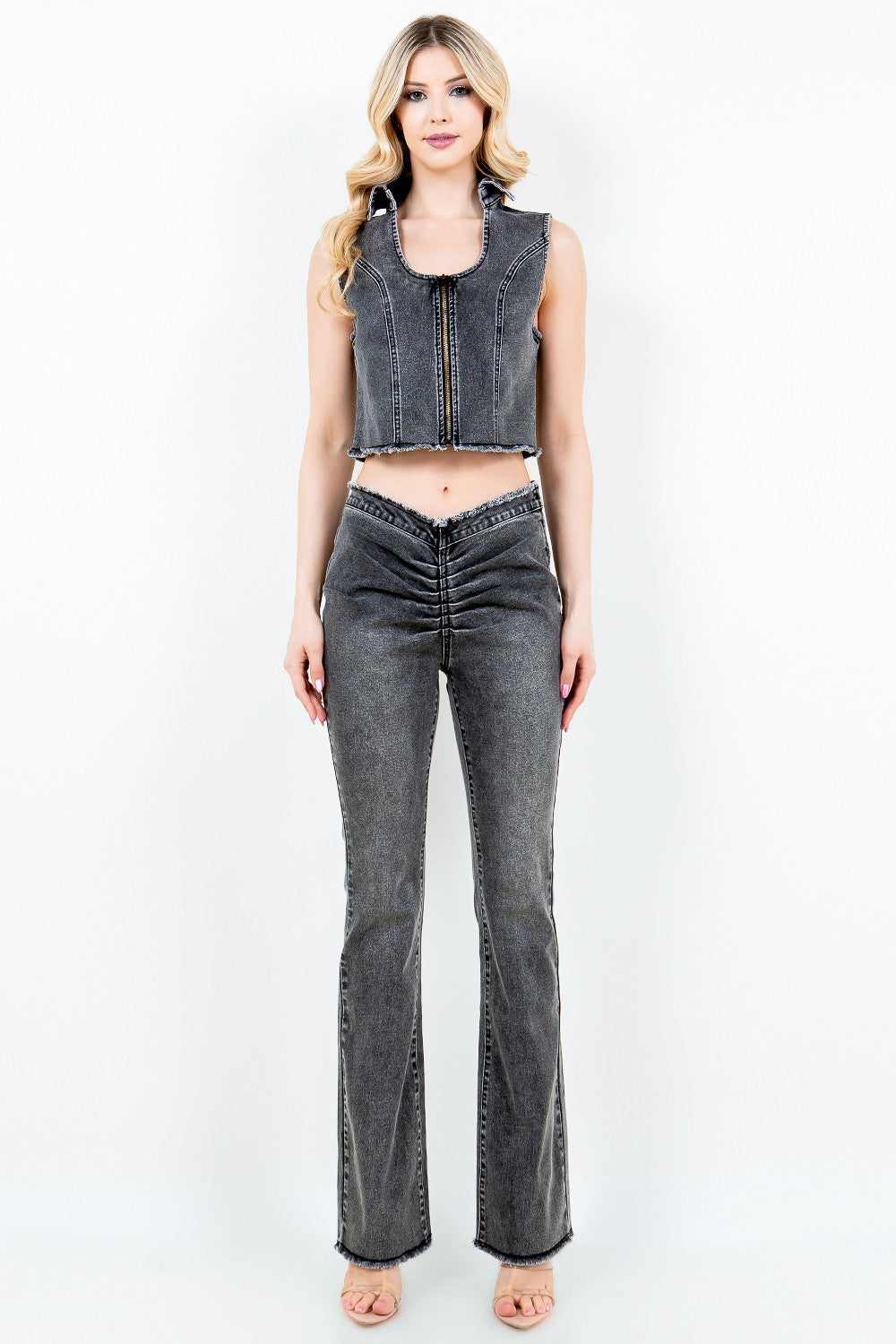 American Bazi Zip Up Washed Crop Denim Vest 13885 | Gulf Resellers