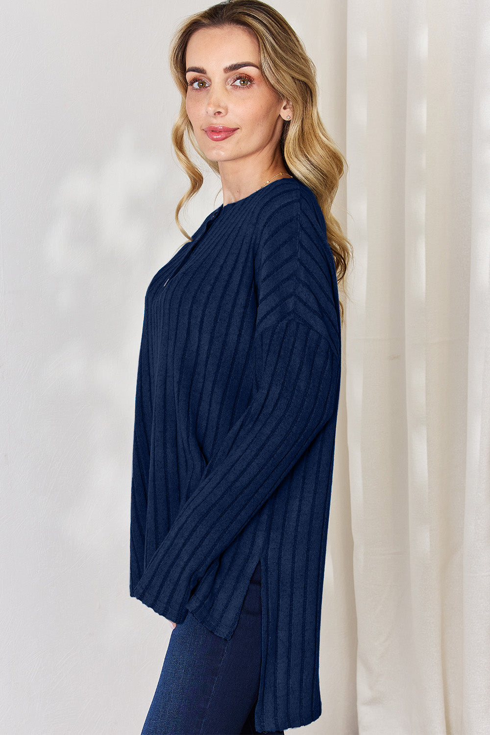 Basic Bae Full Size Ribbed Half Button Long Sleeve High-Low T-Shirt | Gulf Resellers