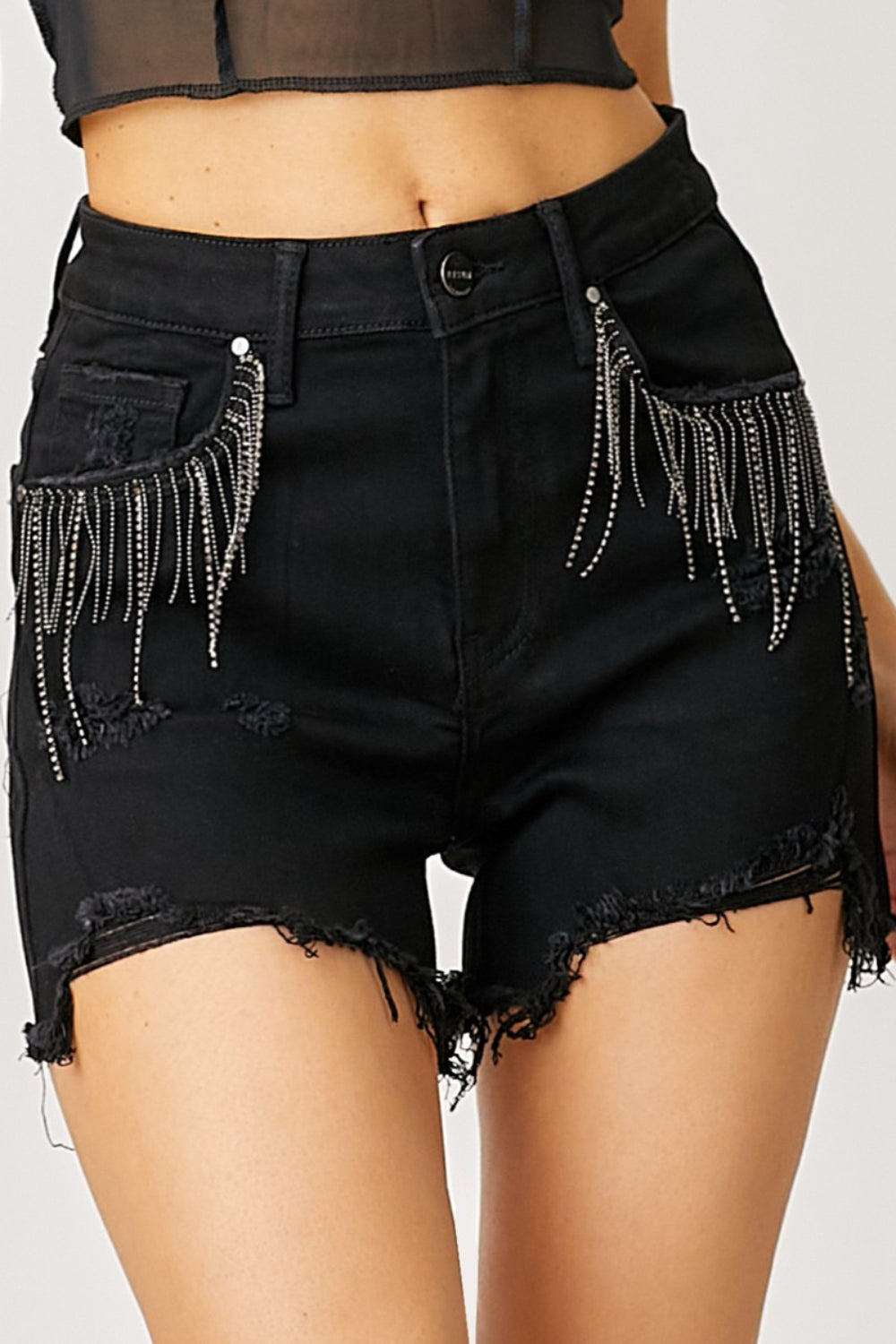RISEN Frayed Hem Denim Shorts with Fringe Detail Pockets 13923 | Gulf Resellers