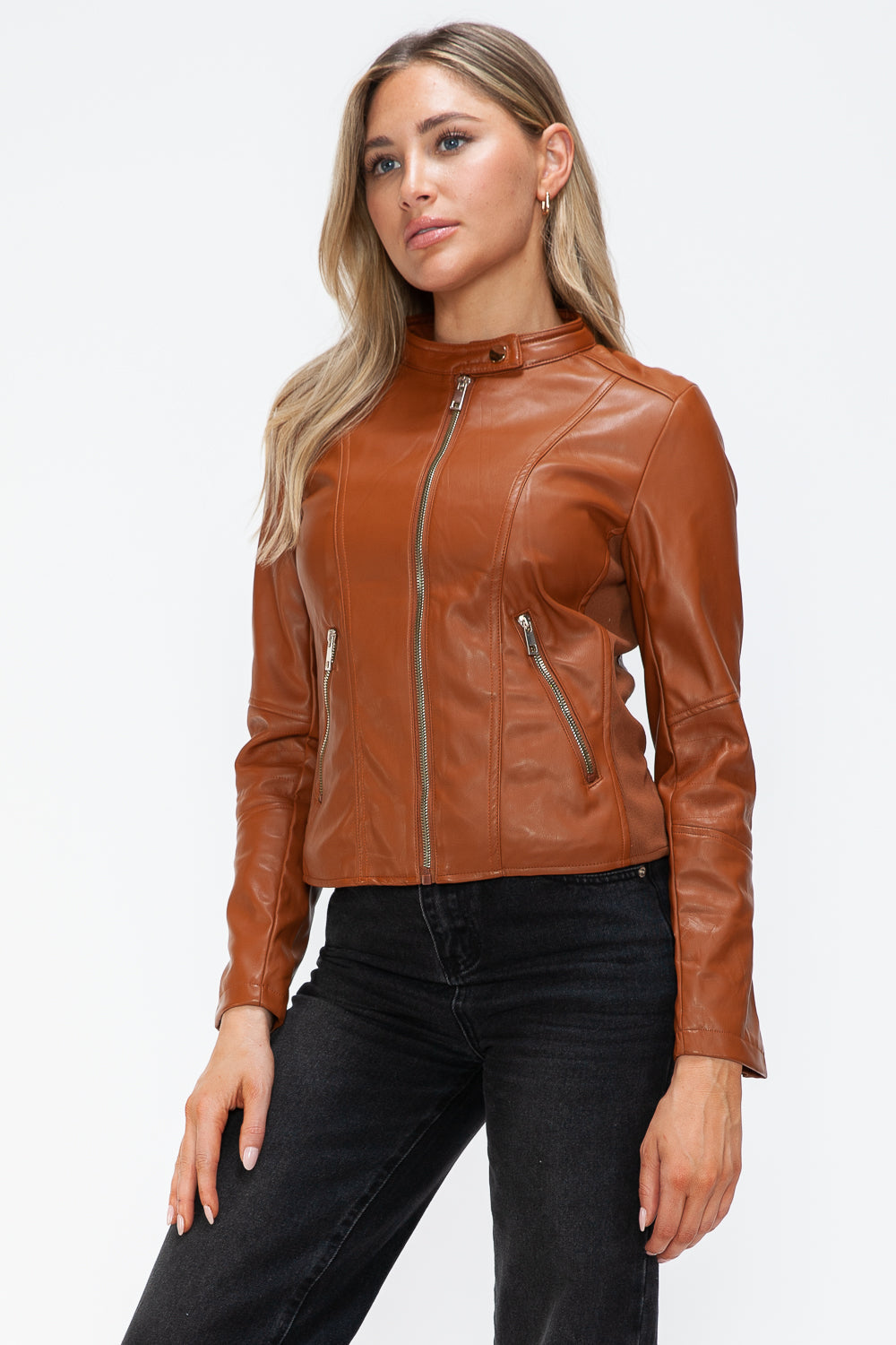 Snobbish Faux Leather Zip Up Drawstring Hooded Jacket 16020 | Gulf Resellers
