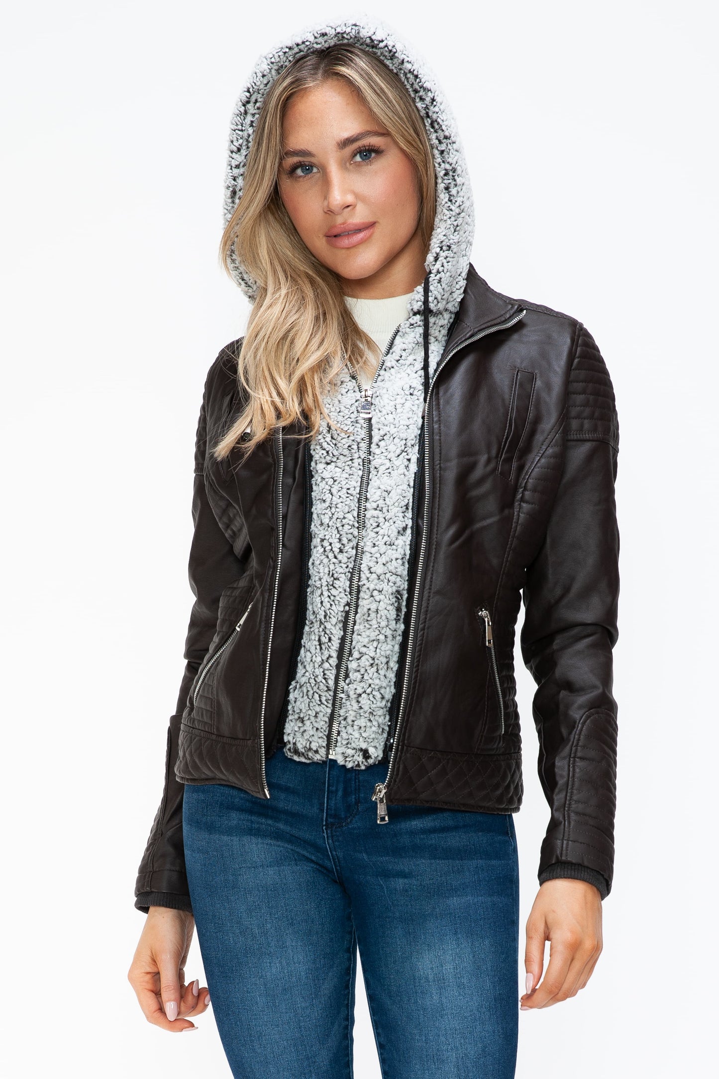 YMI Faux Layered Double-Zipper Jacket with Fuzzy Hood 15949 | Gulf Resellers