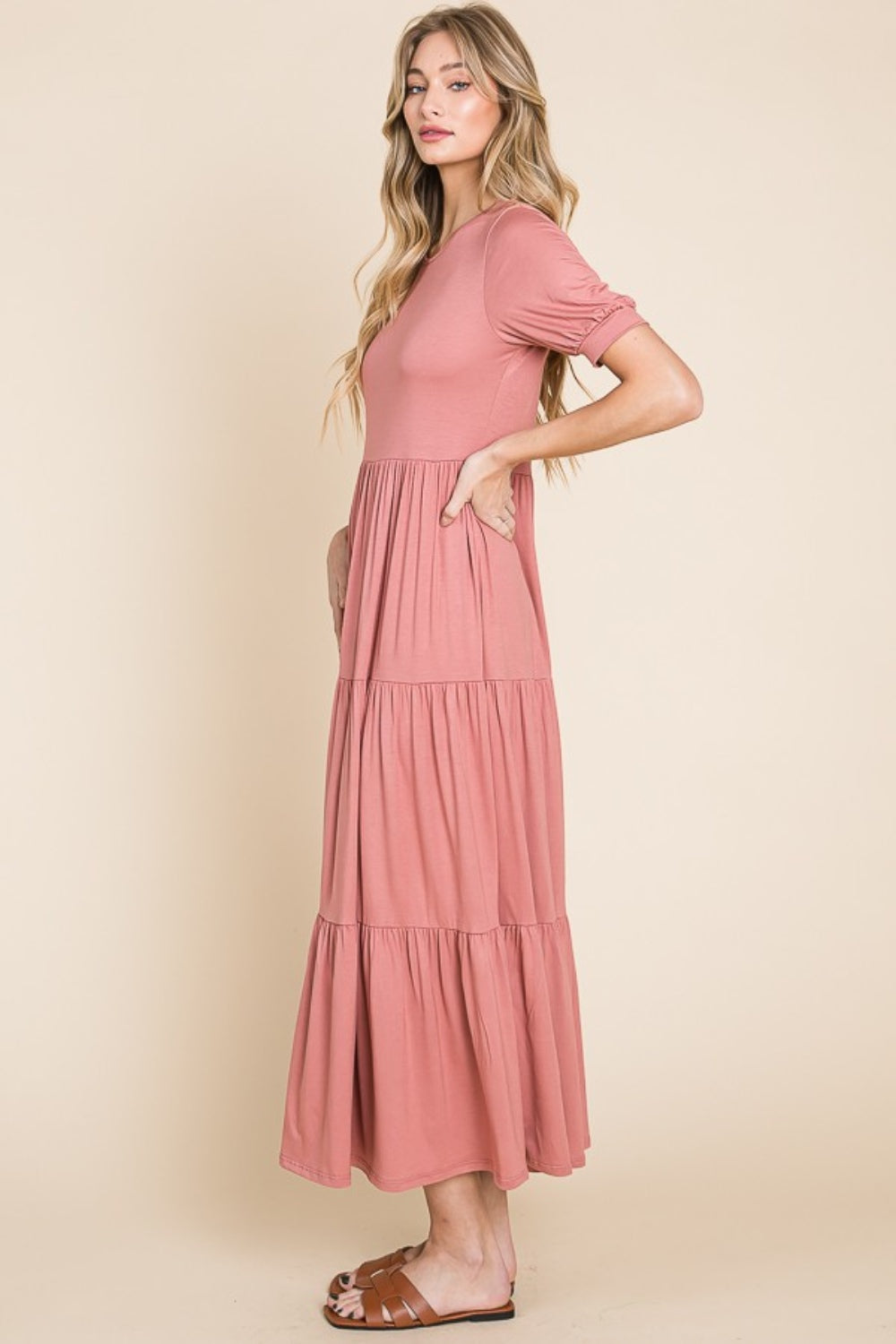 BOMBOM Short Sleeve Tiered Maxi Dress 9630 | Gulf Resellers