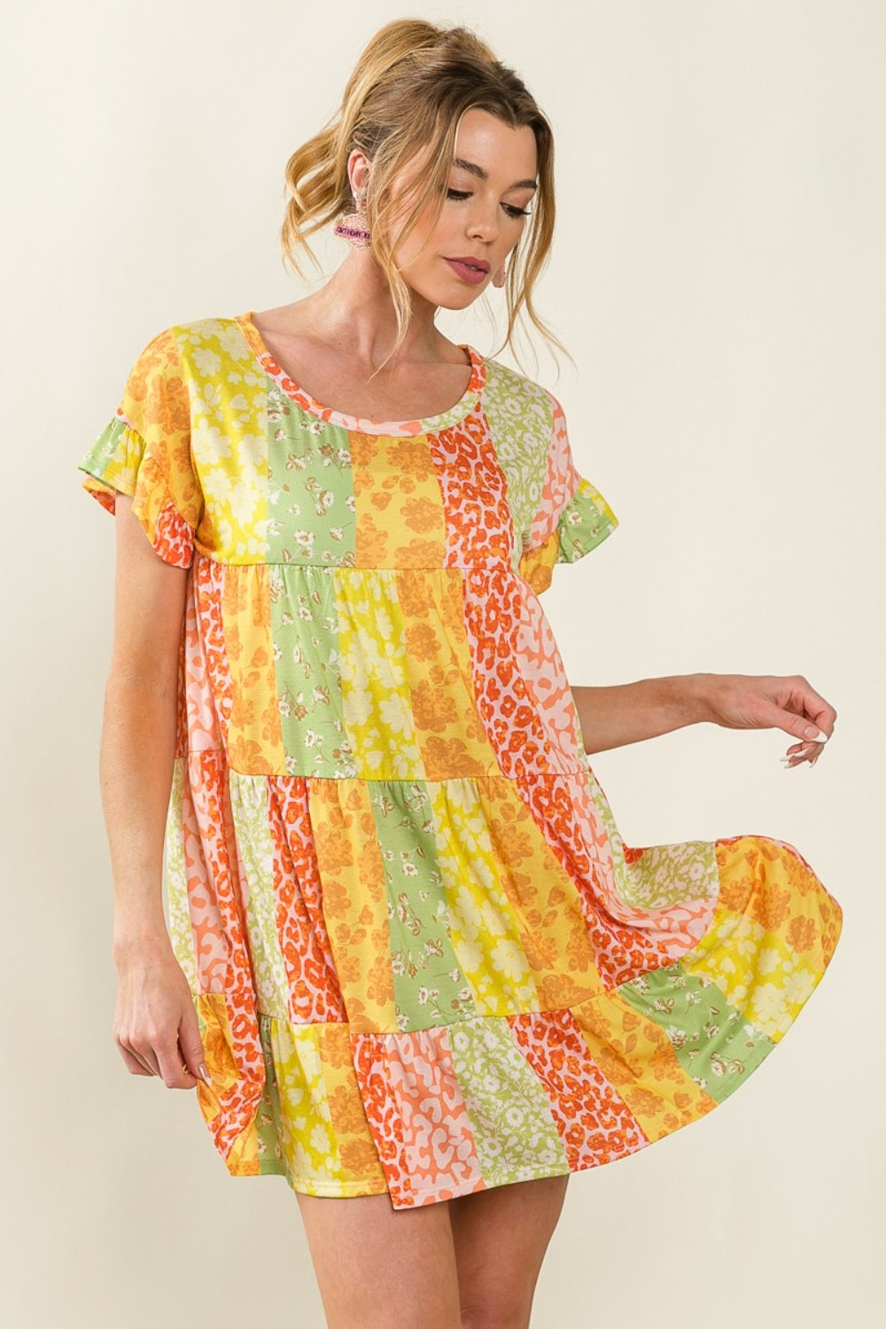 BiBi Leopard Short Sleeve Tiered Dress 5518 | Gulf Resellers