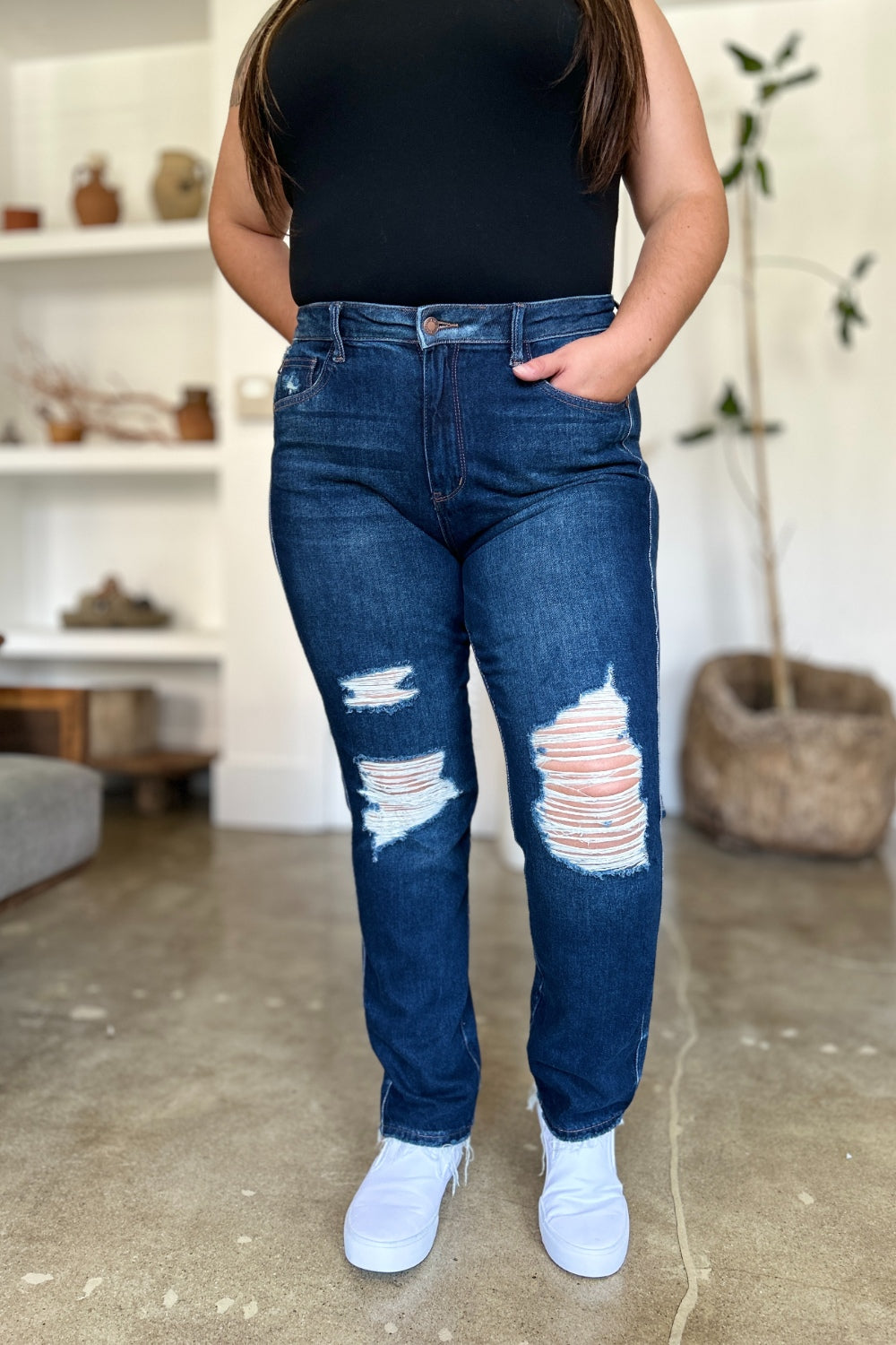 Judy Blue Full Size High Waist Rigid Magic Heavy Destroy Straight Jeans 8544 | Gulf Resellers