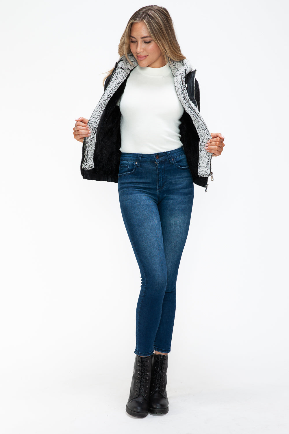 YMI Removable Faux Layered Multi-Pocket Jacket with Fuzzy Hood 15833 | Gulf Resellers