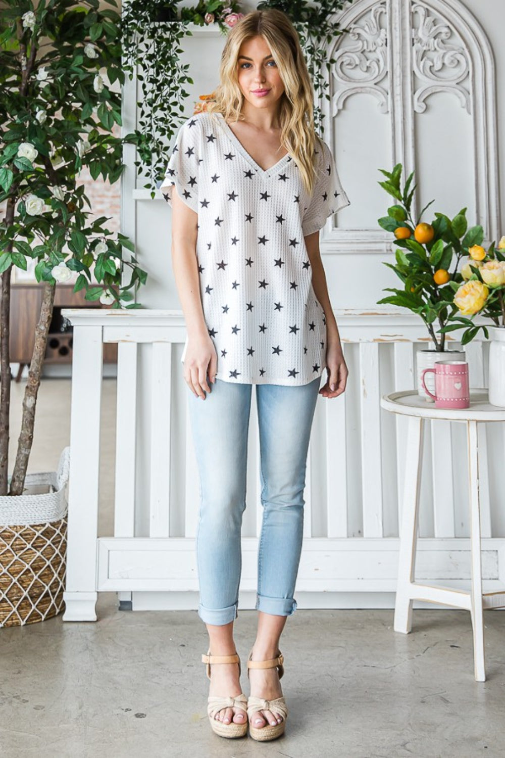 Heimish Full Size Star Print Short Sleeve V-Neck Waffle Knit T-Shirt | Gulf Resellers