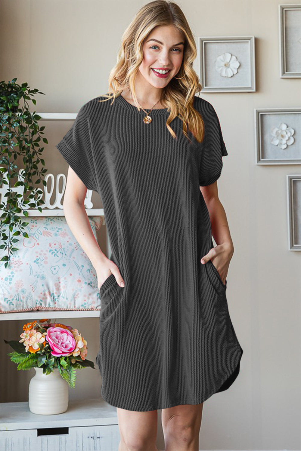 Heimish Full Size Ribbed Round Neck Short Sleeve Tee Dress | Gulf Resellers