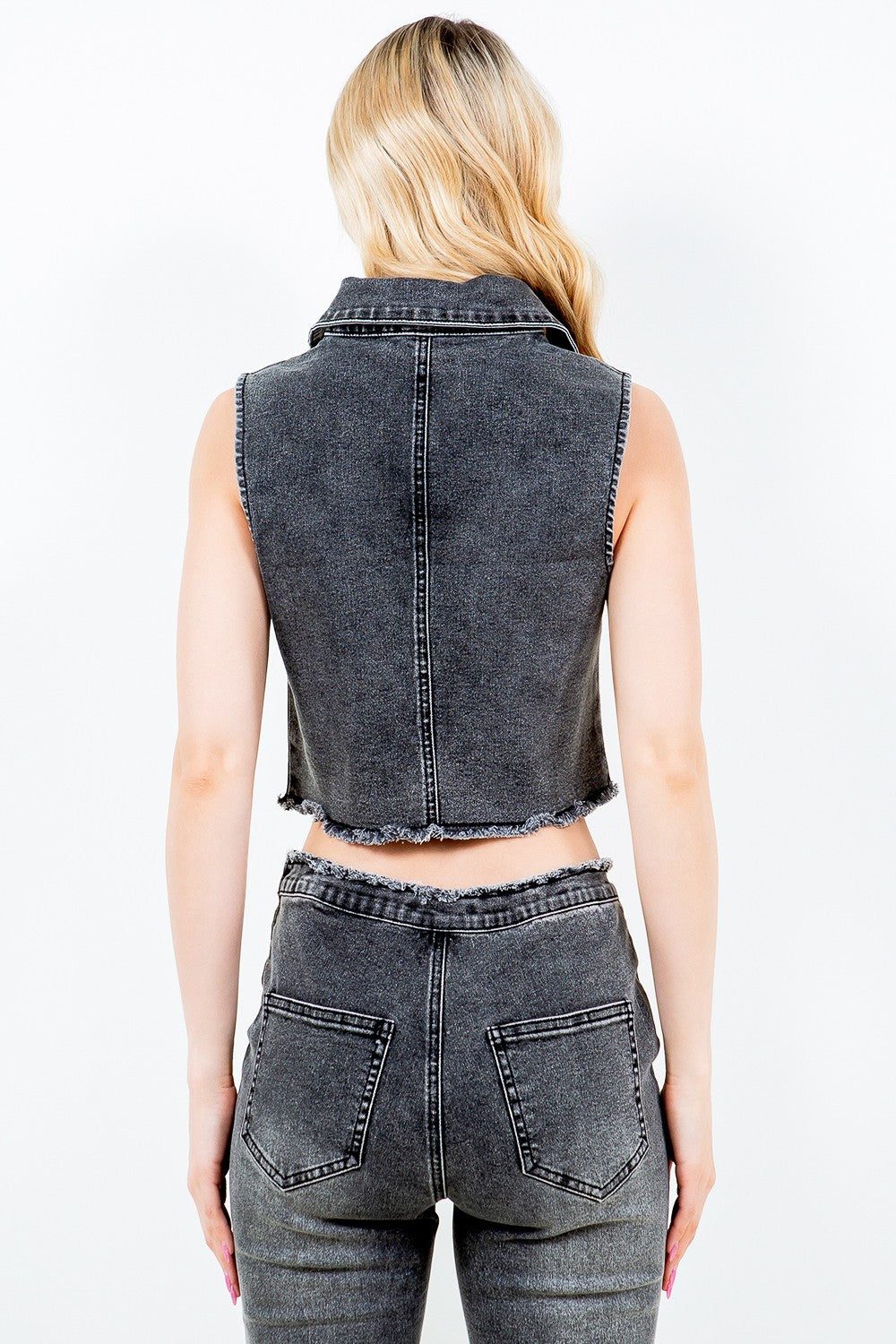 American Bazi Zip Up Washed Crop Denim Vest 13883 | Gulf Resellers