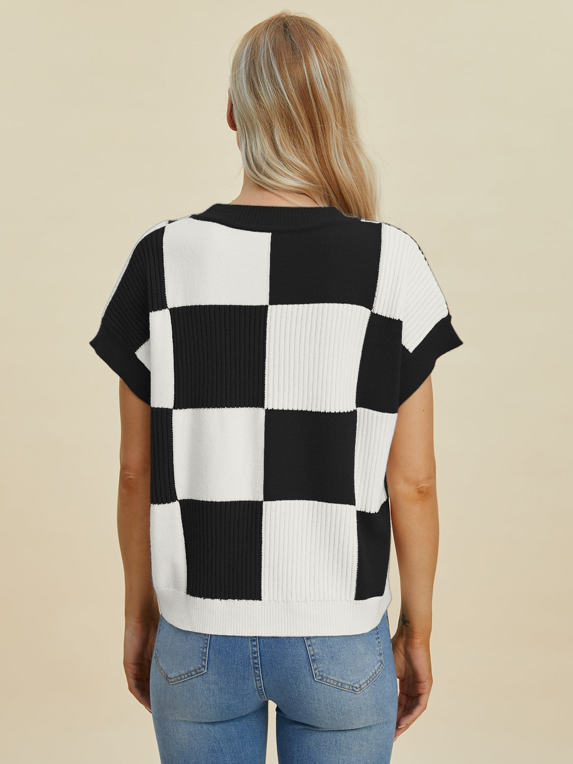 Double Take Full Size Checkered Round Neck Short Sleeve Sweater 8733 | Gulf Resellers