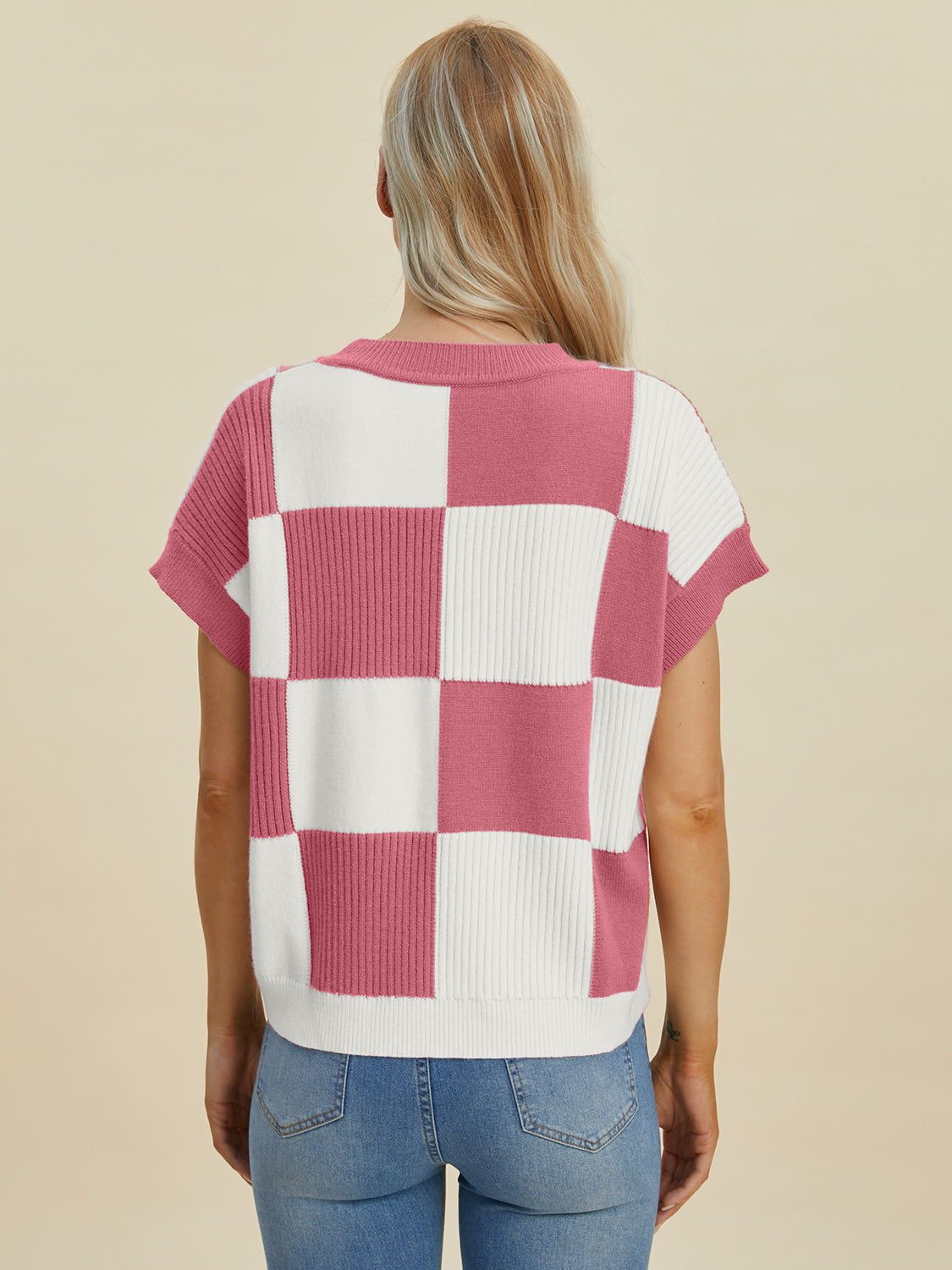 Double Take Full Size Checkered Round Neck Short Sleeve Sweater 8735 | Gulf Resellers