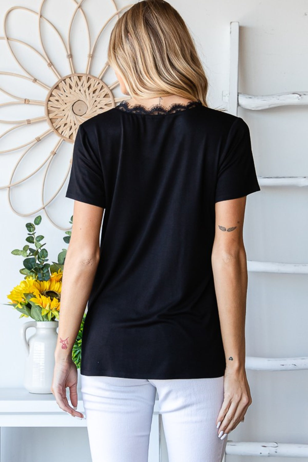 Heimish Lace Detail V-Neck Short Sleeve T-Shirt 7667 | Gulf Resellers