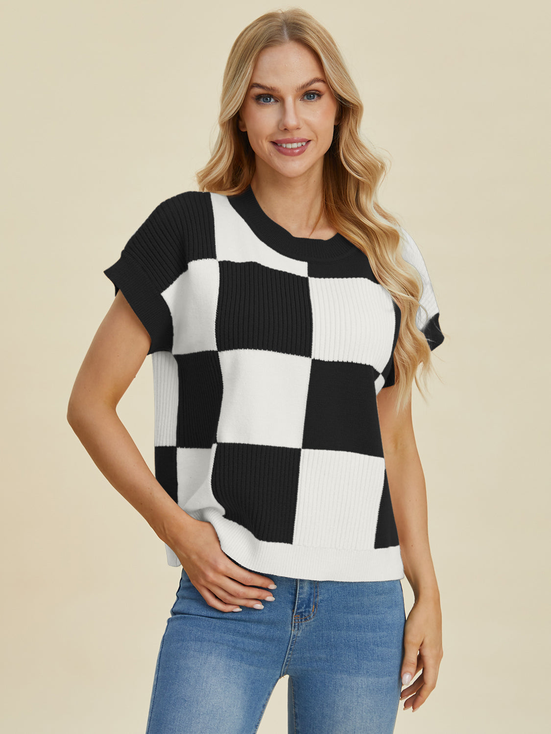 Double Take Full Size Checkered Round Neck Short Sleeve Sweater 8730 | Gulf Resellers