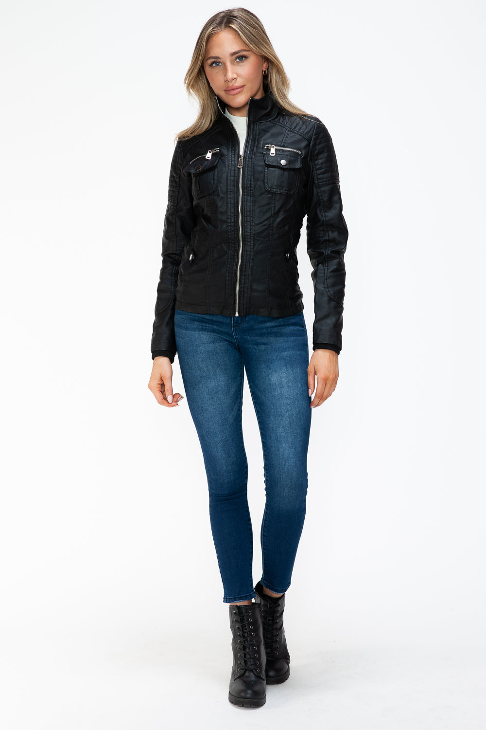 YMI Removable Faux Layered Multi-Pocket Jacket with Fuzzy Hood 15824 | Gulf Resellers