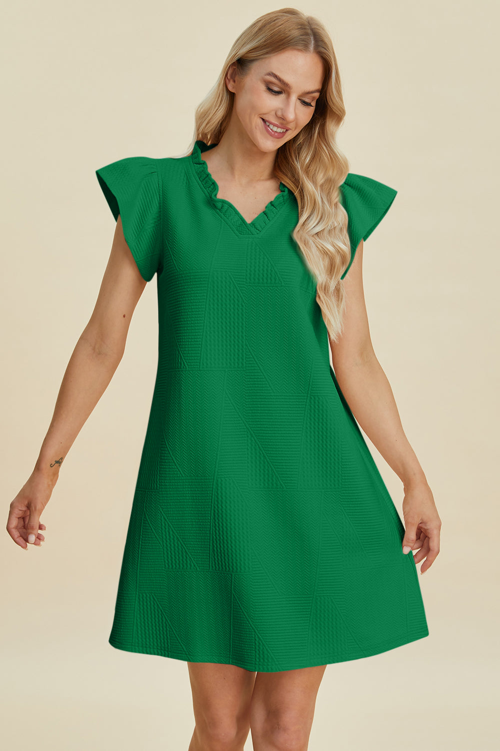 Double Take Full Size Ruffled V-Neck Cap Sleeve Dress 15077 | Gulf Resellers