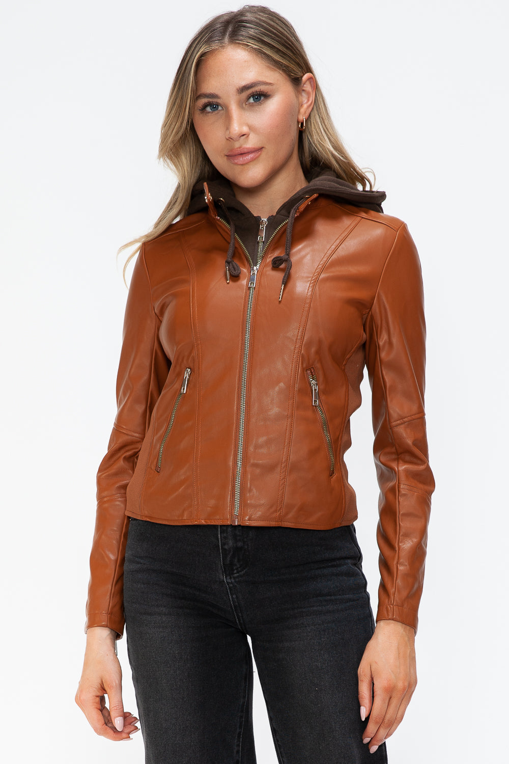 Snobbish Faux Leather Zip Up Drawstring Hooded Jacket 15997 | Gulf Resellers