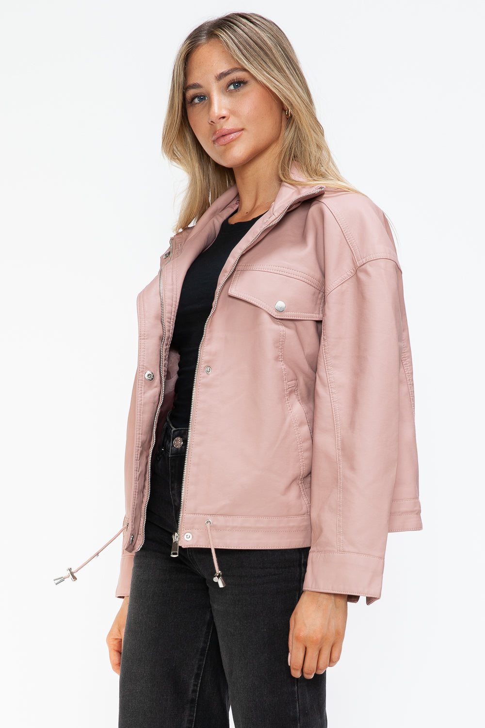 How Dare U Drawstring Hem PU Leather Zip Up Jacket 15553 | Gulf Resellers