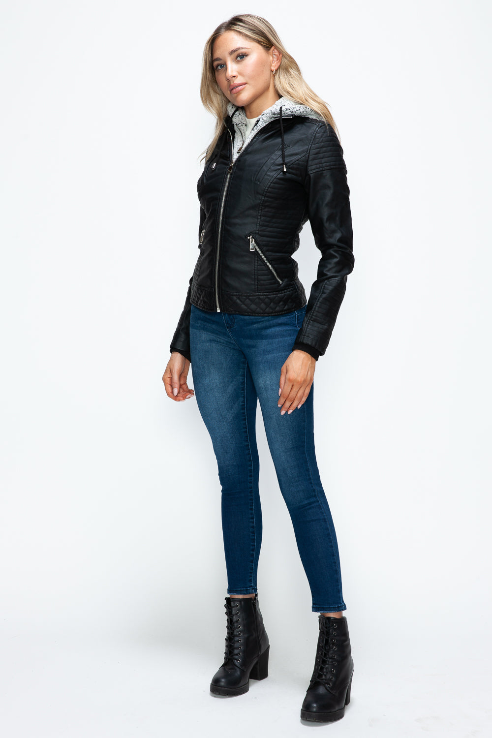 YMI Faux Layered Double-Zipper Jacket with Fuzzy Hood 15660 | Gulf Resellers