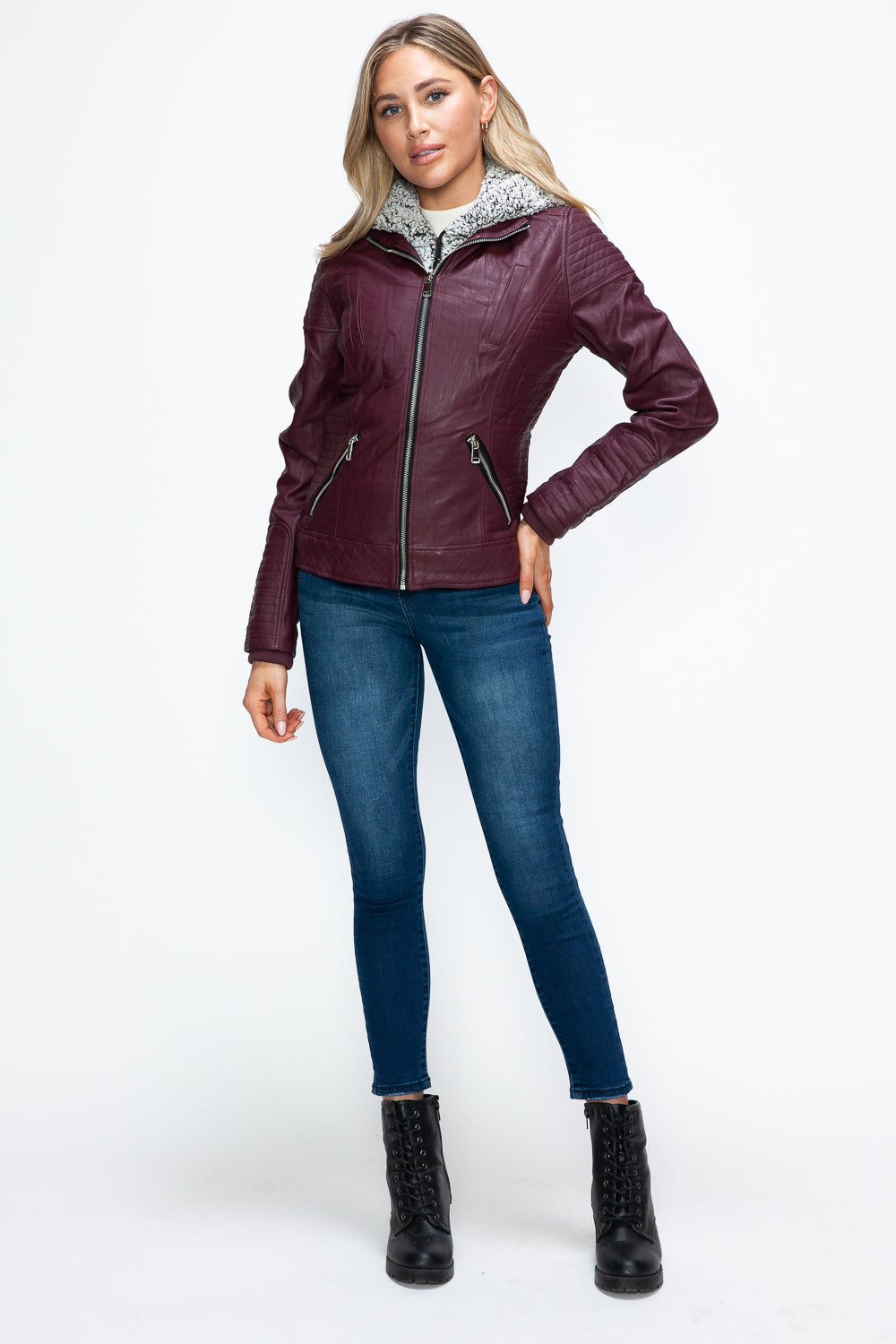 YMI Faux Layered Double-Zipper Jacket with Fuzzy Hood 15739 | Gulf Resellers