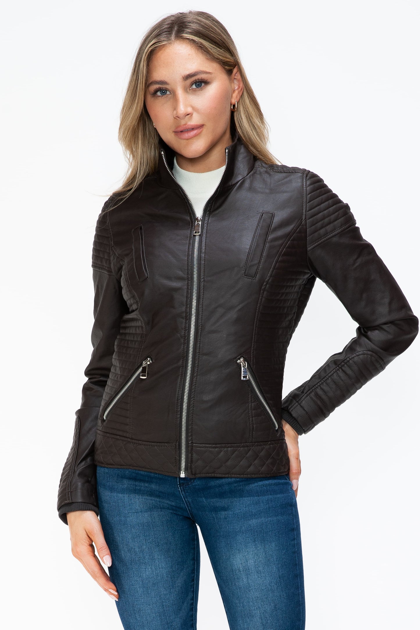 YMI Faux Layered Double-Zipper Jacket with Fuzzy Hood 15954 | Gulf Resellers