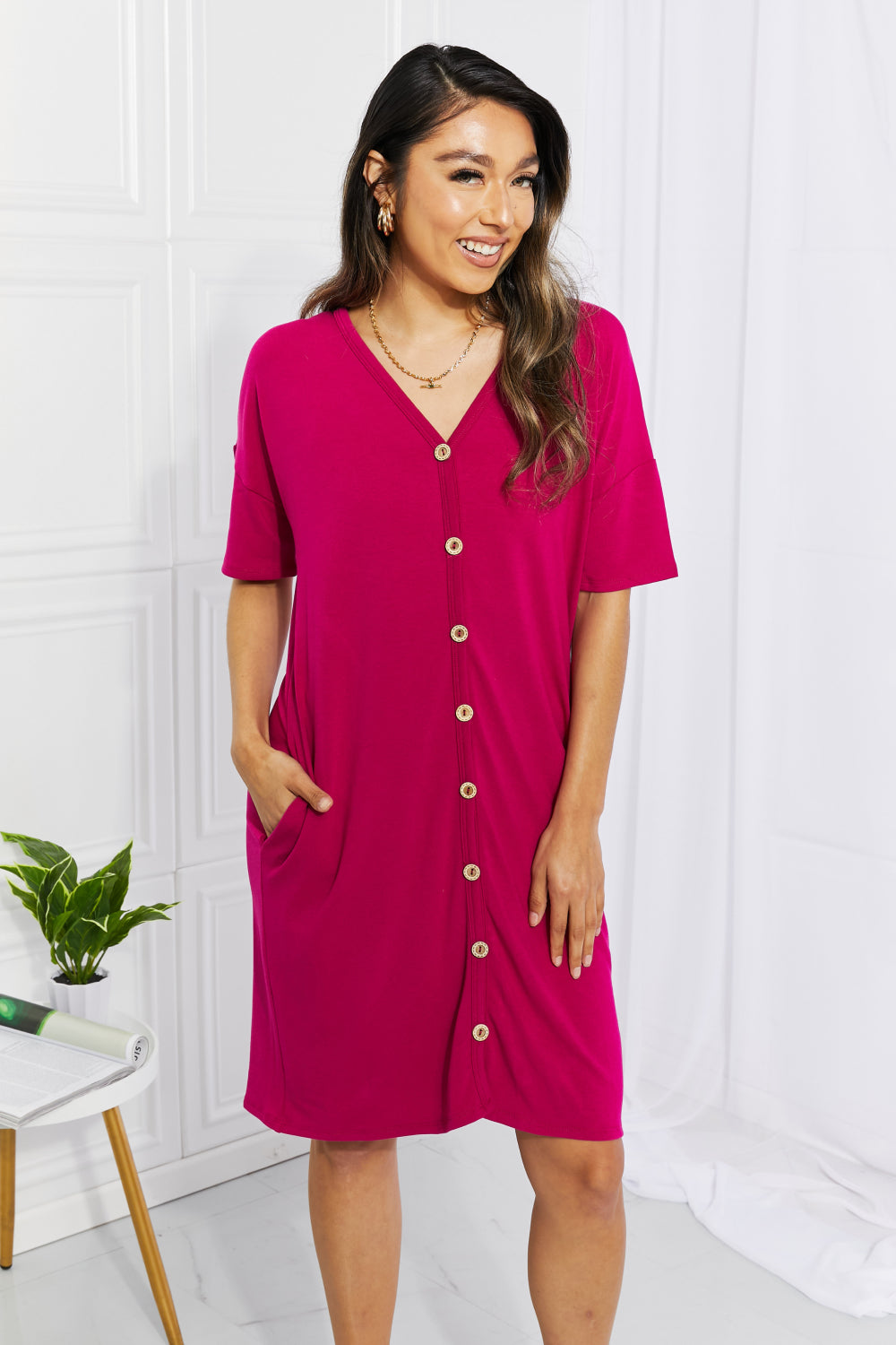 BOMBOM Sunday Brunch Button Down Knee-Length Dress in Magenta | Gulf Resellers