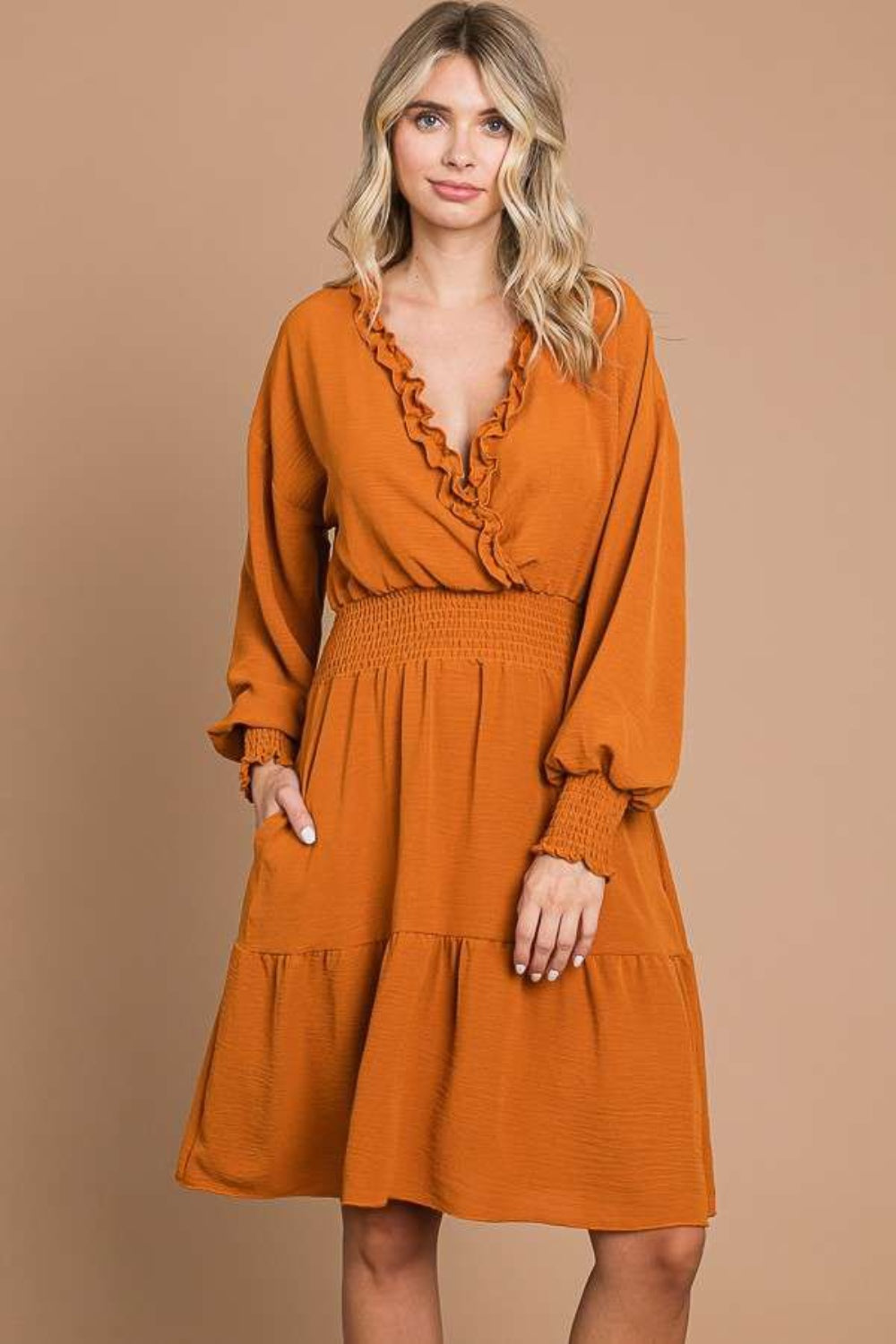 Culture Code Full Size Frill Smocked Lantern Sleeve Mini Dress 5242 | Gulf Resellers