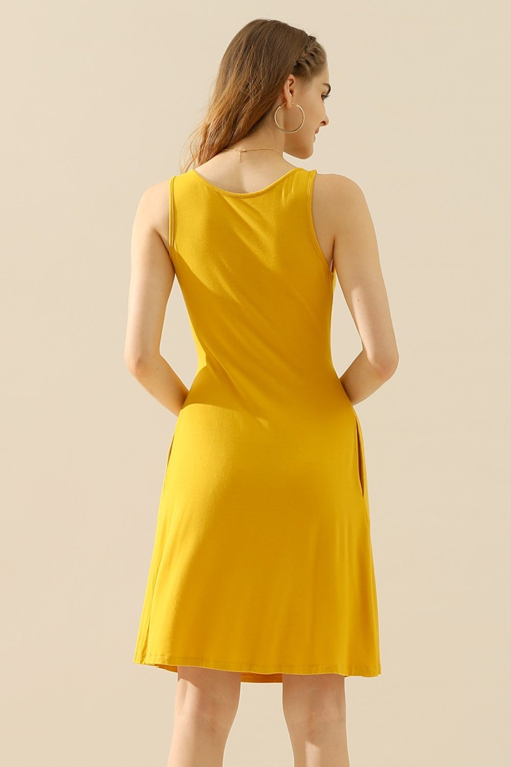 Doublju Full Size Round Neck Ruched Sleeveless Dress with Pockets | Gulf Resellers