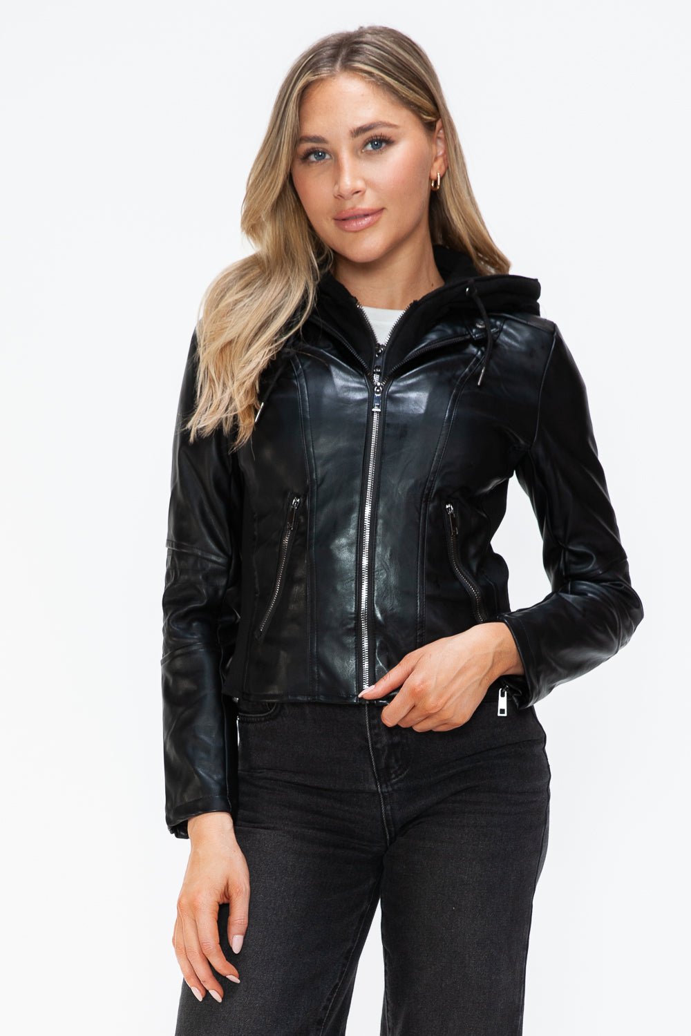 Snobbish Faux Leather Zip Up Drawstring Hooded Jacket 15914 | Gulf Resellers