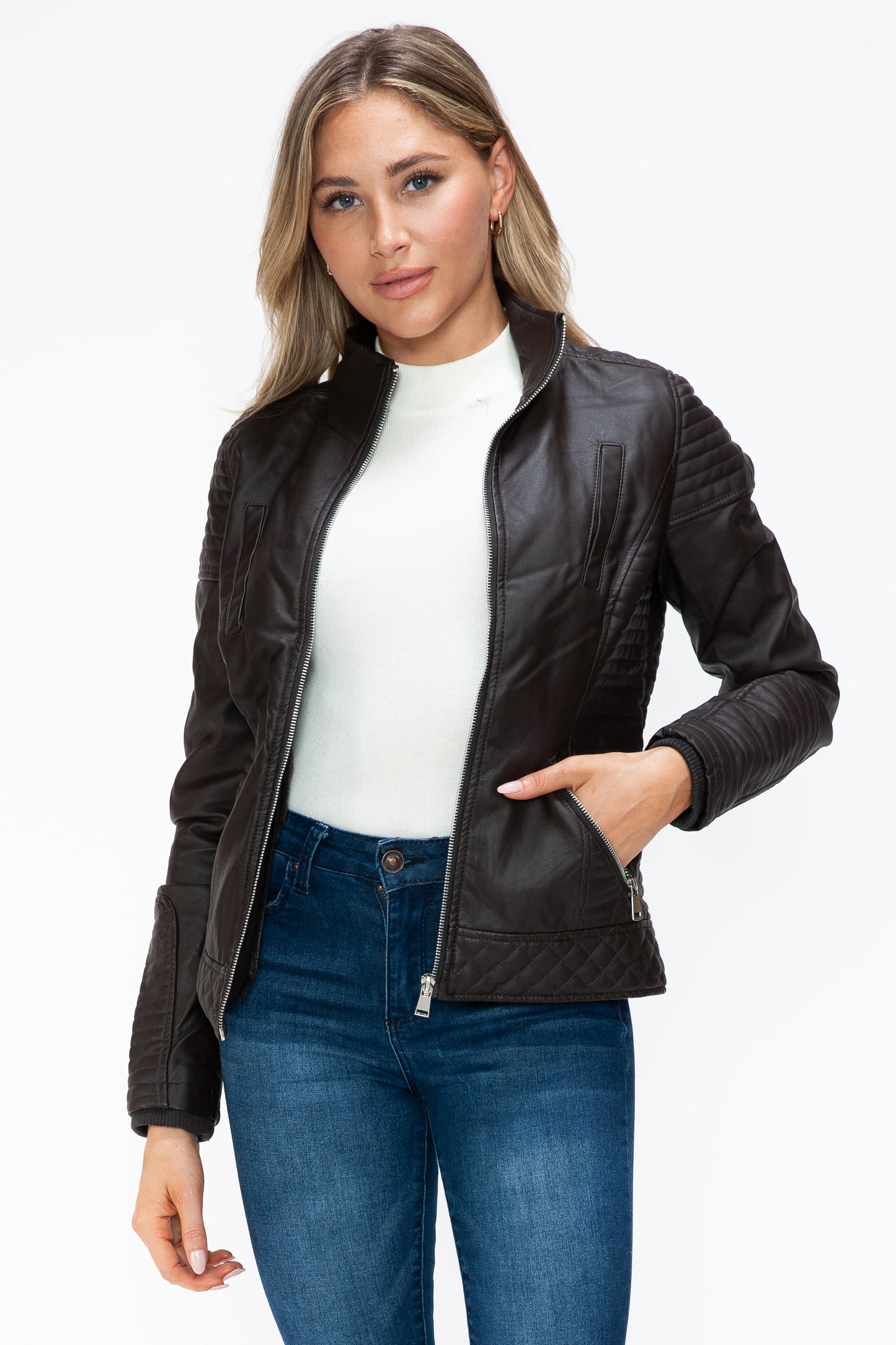 YMI Faux Layered Double-Zipper Jacket with Fuzzy Hood 15951 | Gulf Resellers