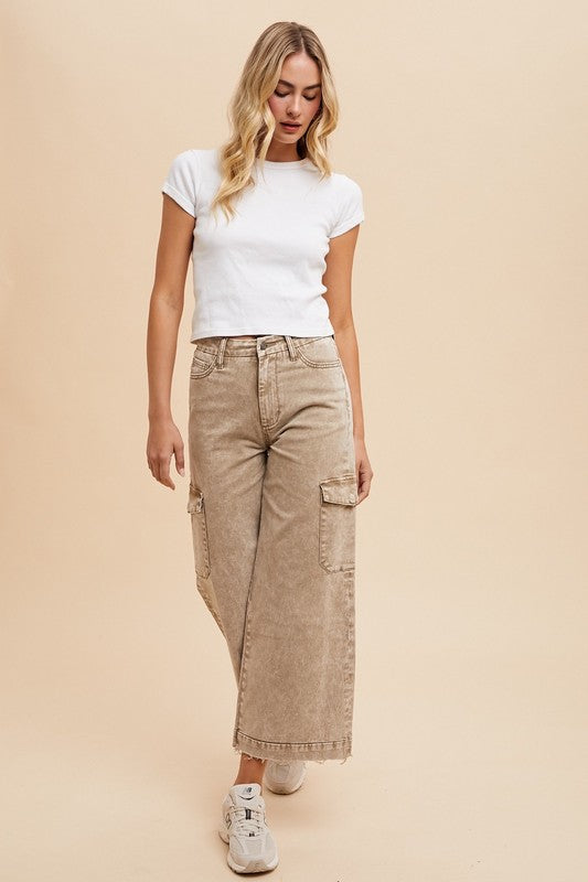 Annie Wear Raw Hem Wide Leg Jeans with Cargo Pockets 19923 | Gulf Resellers