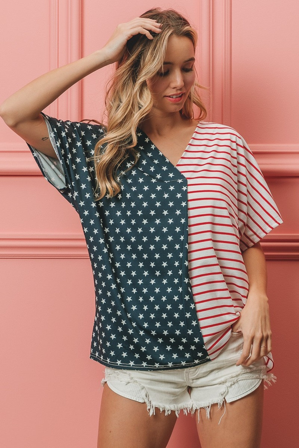 BiBi US Flag Themed Color Block Short Sleeve T-Shirt 7931 | Gulf Resellers