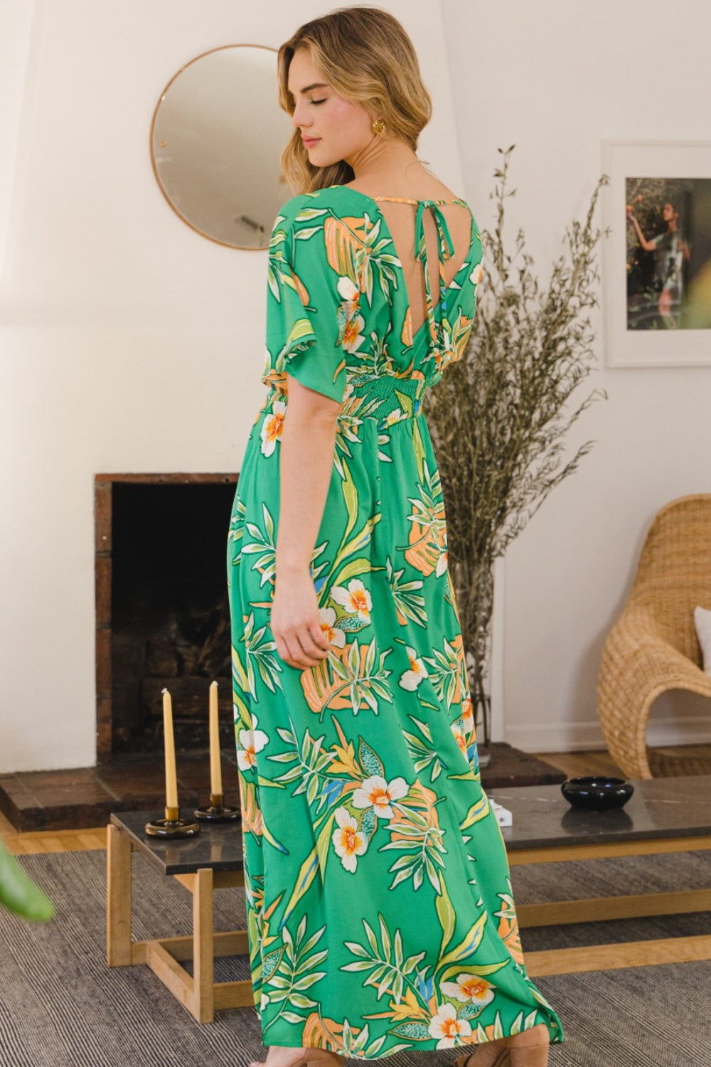 ODDI Full Size Floral Smocked Tied Back Maxi Dress 6523 | Gulf Resellers
