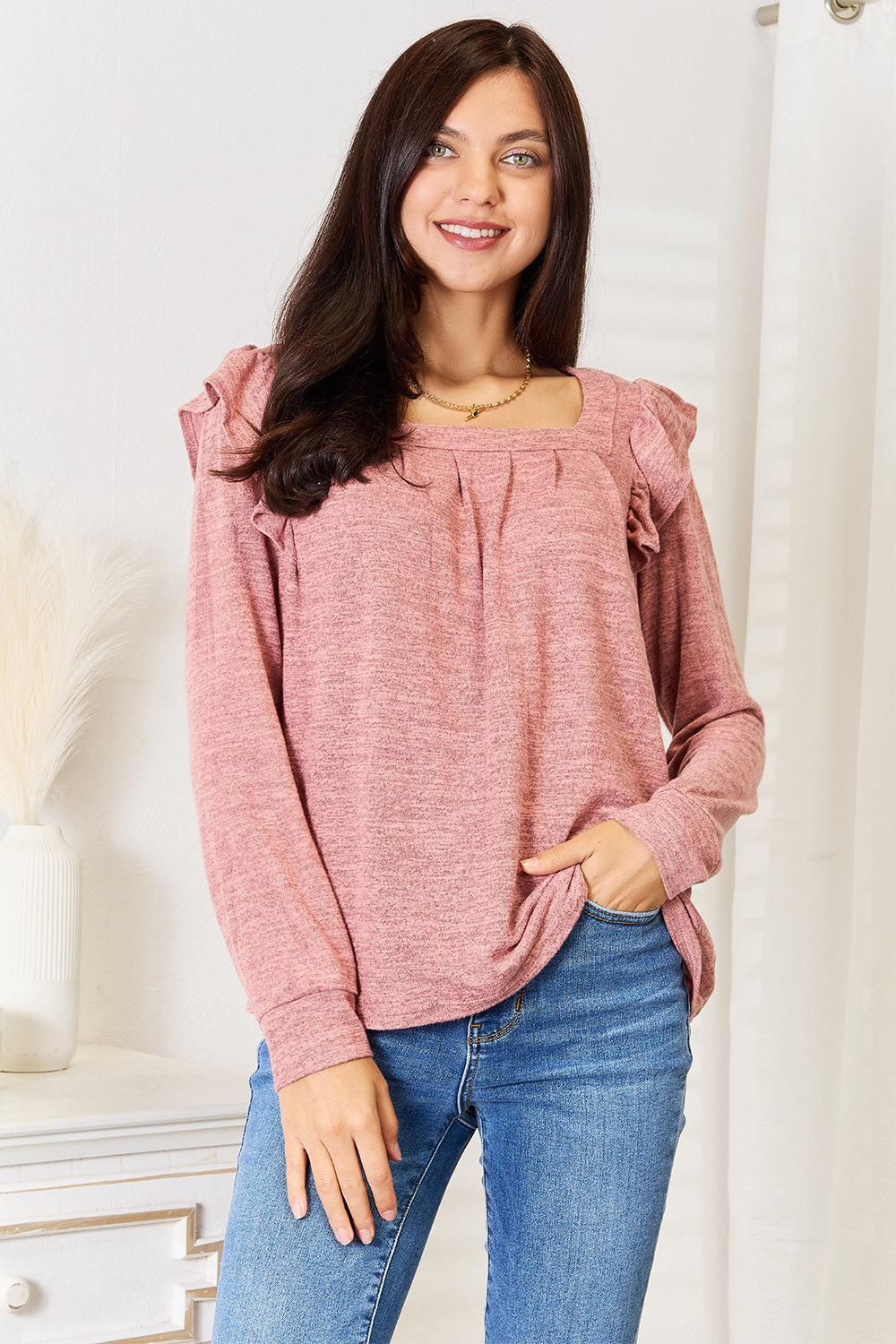 Double Take Square Neck Ruffle Shoulder Long Sleeve T-Shirt | Gulf Resellers