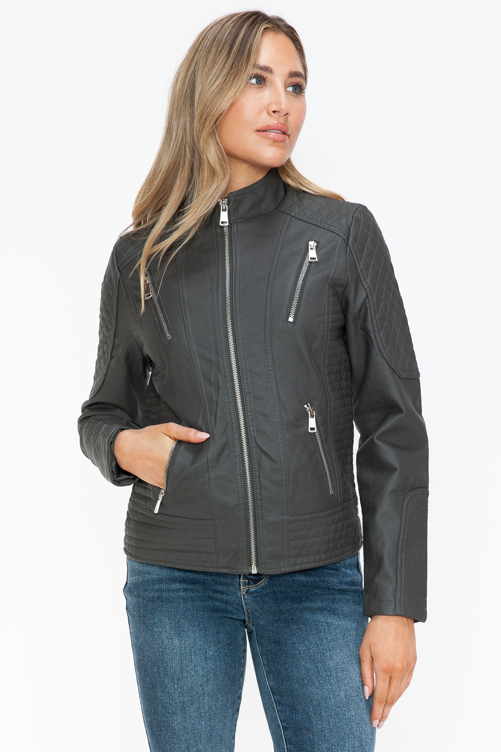 Snobbish Faux Leather Zip Up Mock Neck Jacket 15218 | Gulf Resellers