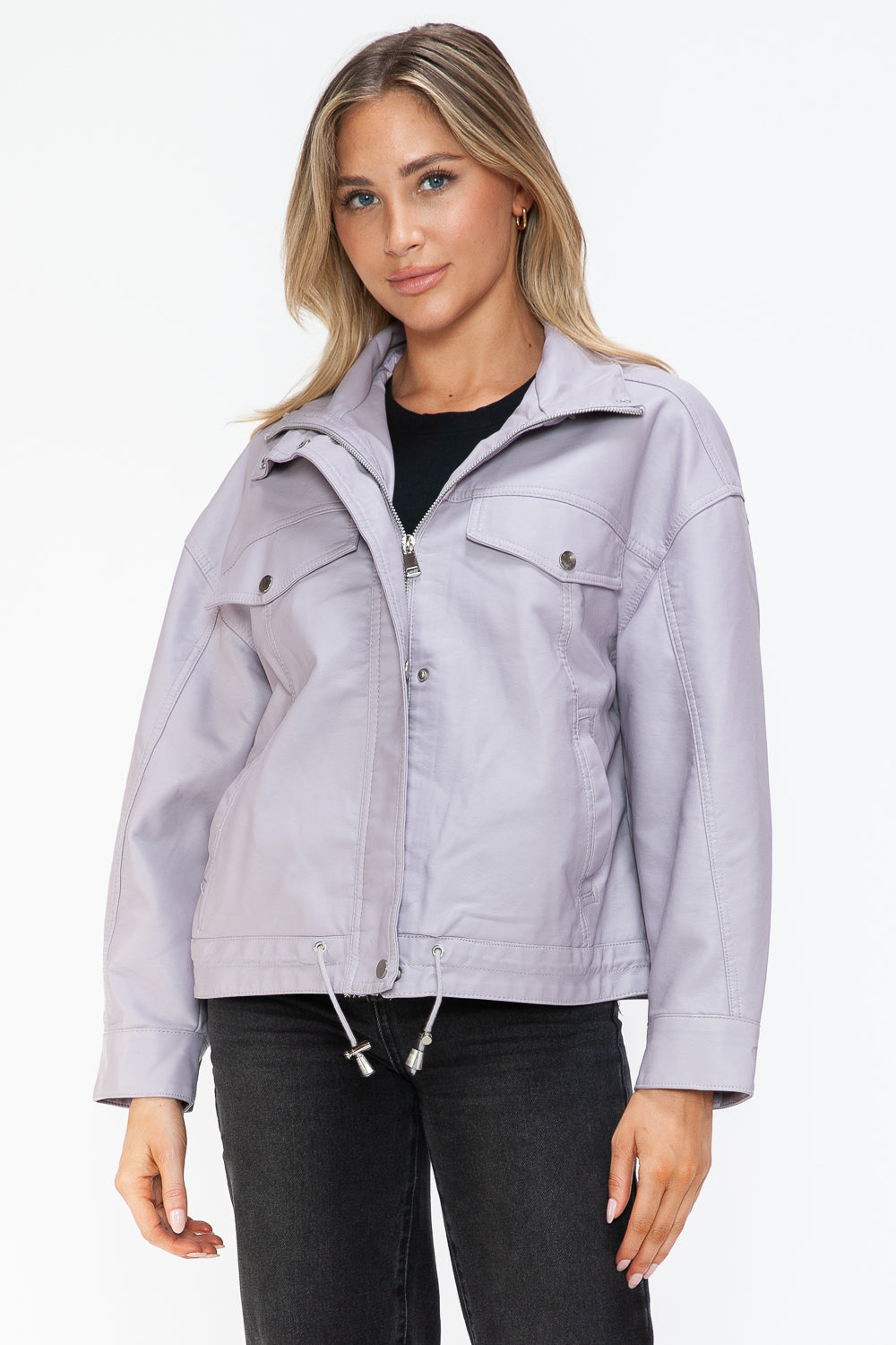 How Dare U Drawstring Hem PU Leather Zip Up Jacket 15448 | Gulf Resellers