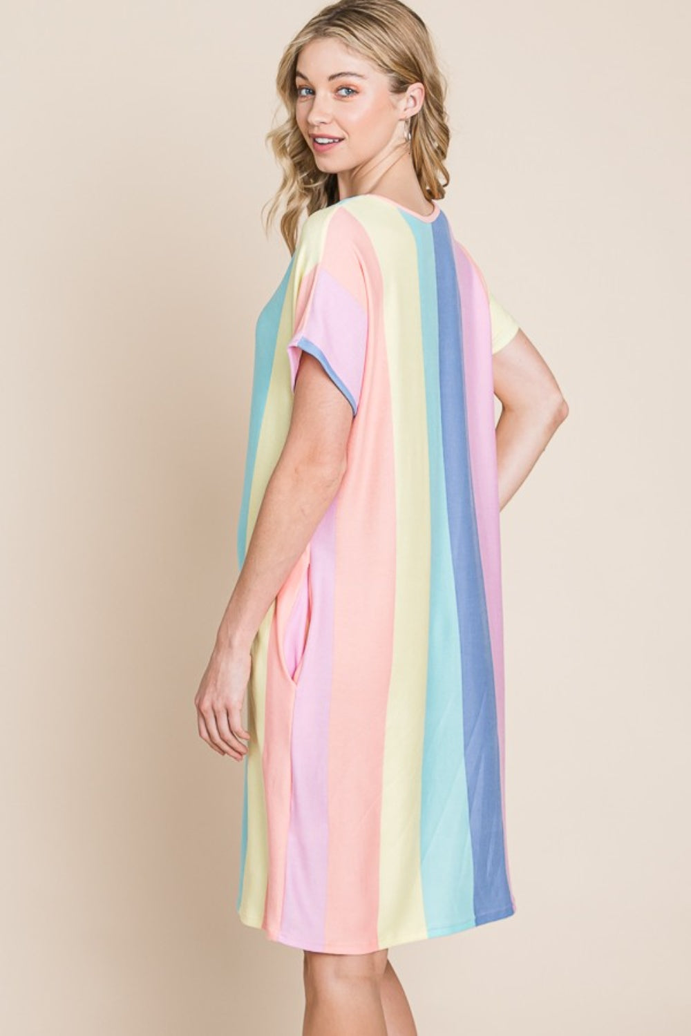 BOMBOM Striped Short Sleeve Dress with Pockets 6078 | Gulf Resellers