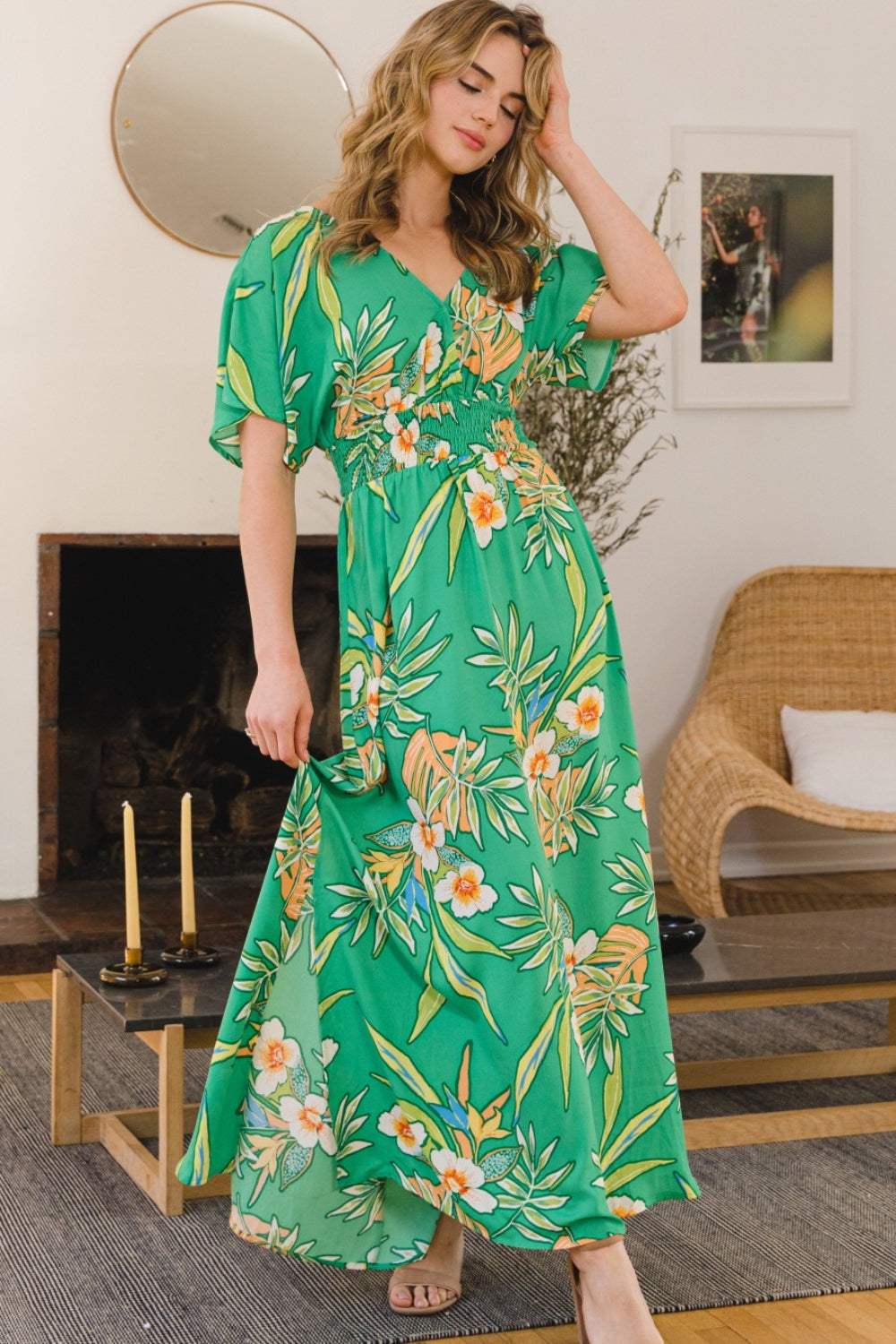 ODDI Full Size Floral Smocked Tied Back Maxi Dress 6524 | Gulf Resellers