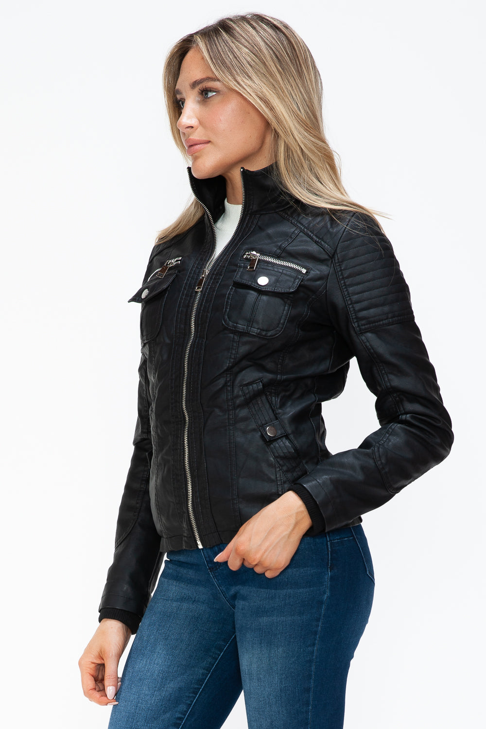 YMI Removable Faux Layered Multi-Pocket Jacket with Fuzzy Hood 15827 | Gulf Resellers