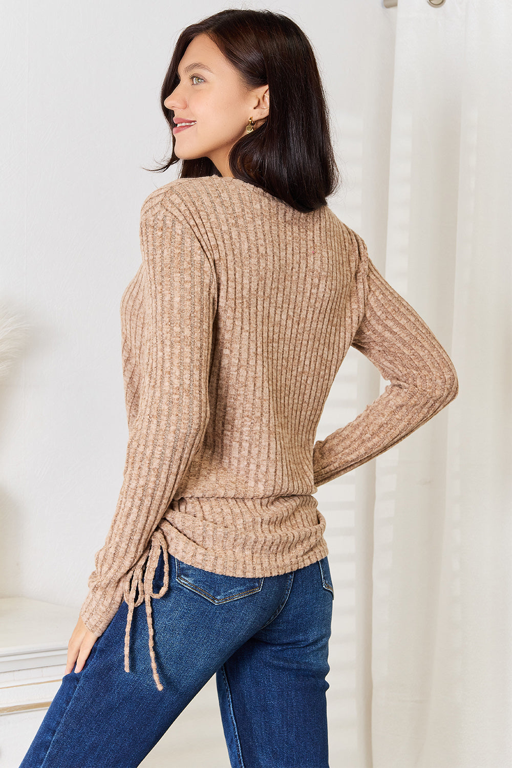 Double Take Drawstring Ribbed Long Sleeve T-Shirt | Gulf Resellers