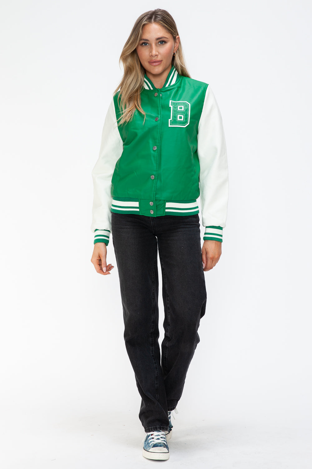 Love Me Now PU Leather Contrast Snap Down Bomber Jacket 15780 | Gulf Resellers