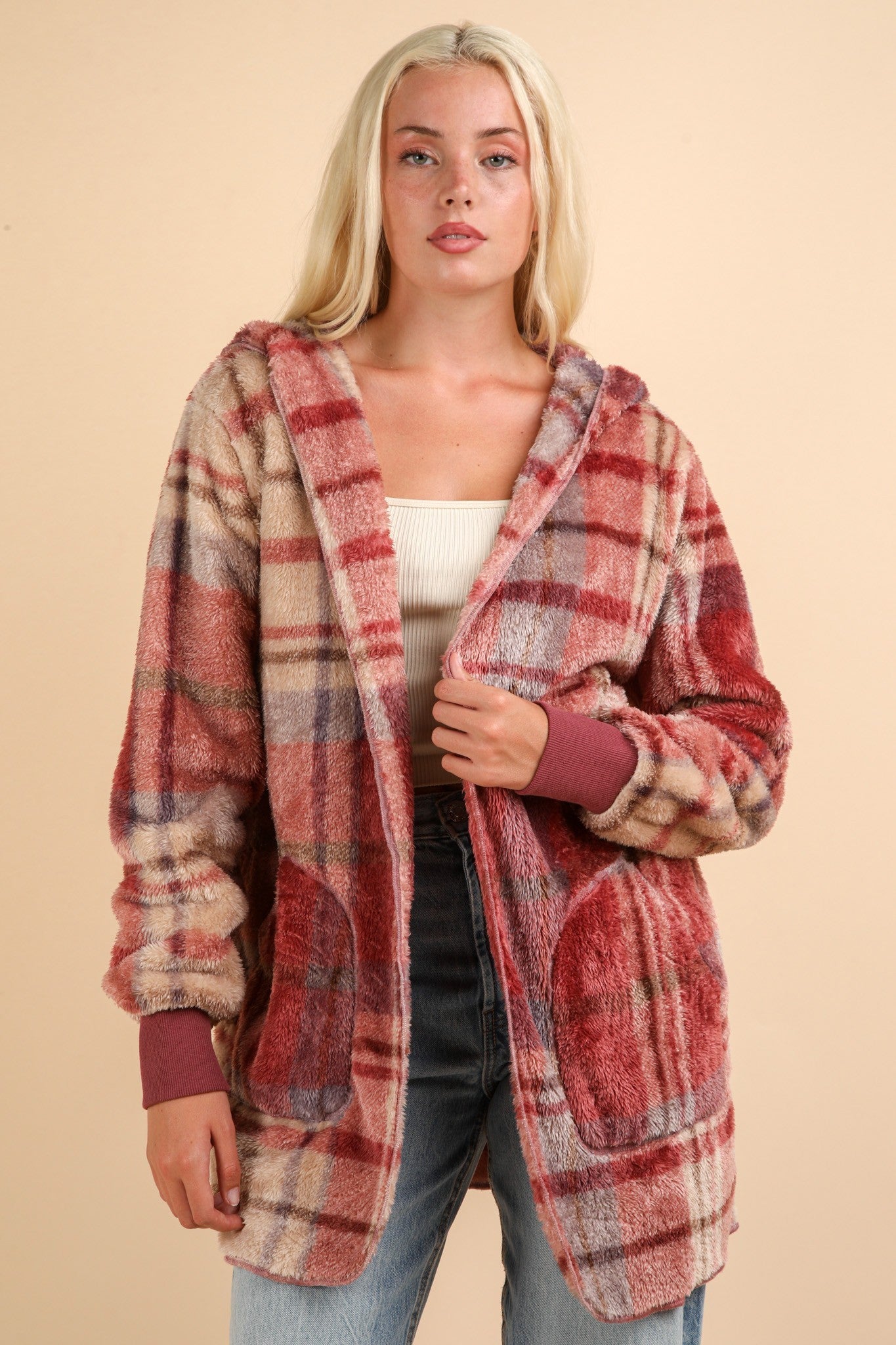 VERY J Fuzzy Plaid Long Sleeve Hooded Jacket 13267 | Gulf Resellers
