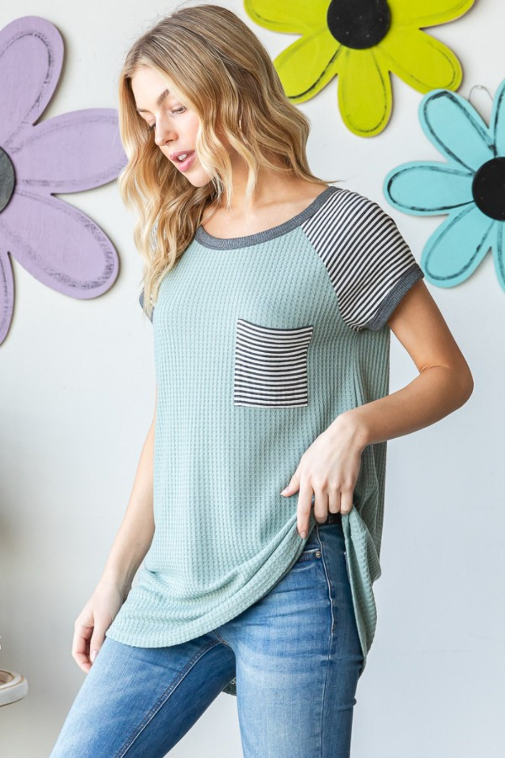 Heimish Full Size Striped Short Sleeve Waffle T-Shirt 7227 | Gulf Resellers