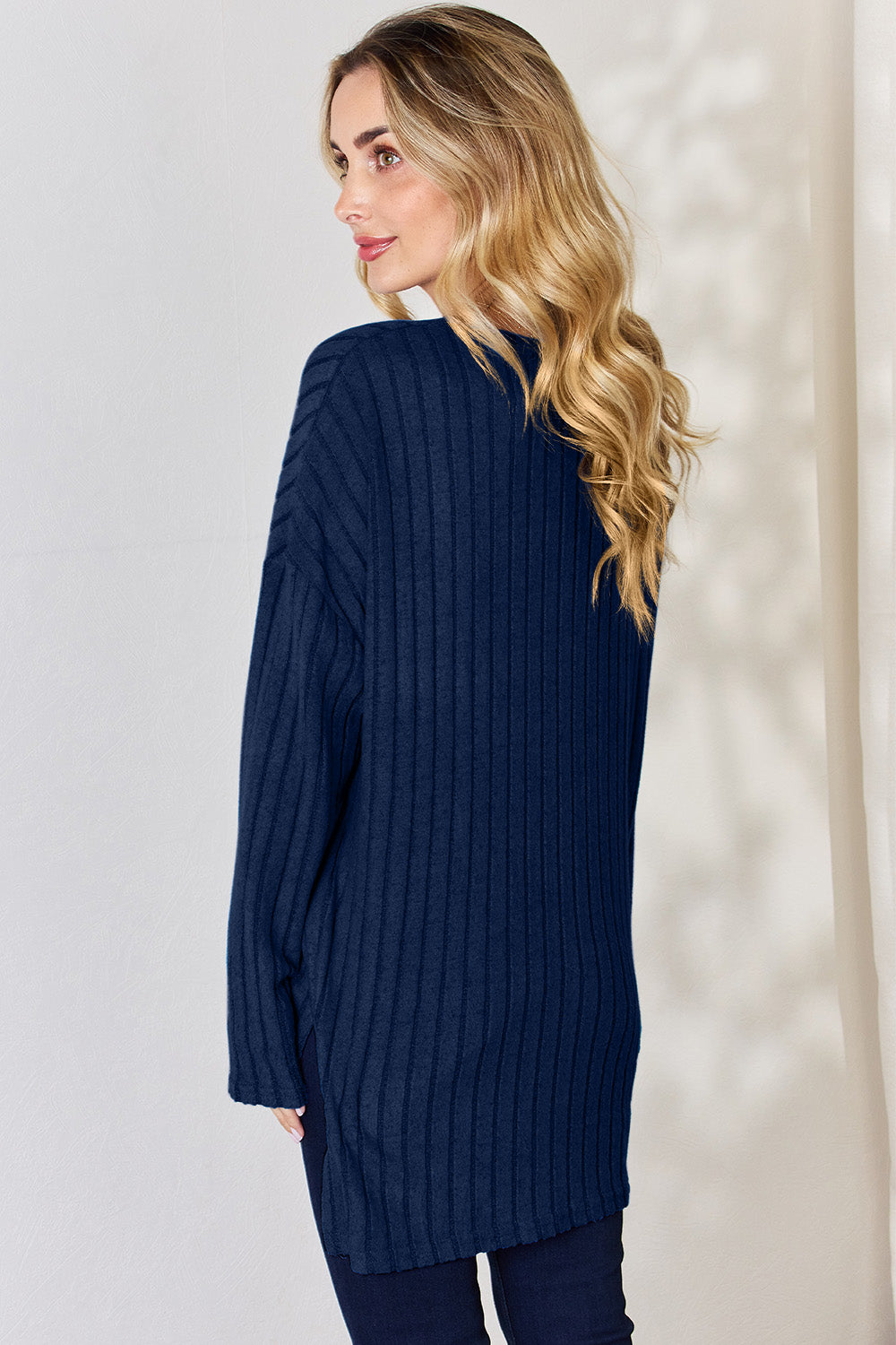 Basic Bae Full Size Ribbed Half Button Long Sleeve High-Low T-Shirt | Gulf Resellers